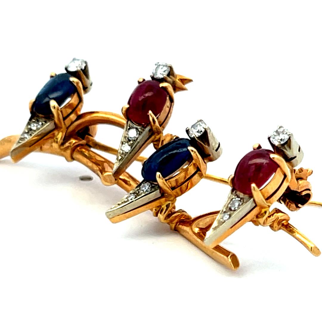 Ruby, Sapphire and Diamond 18K Yellow Gold Vintage Bird Pin Brooch