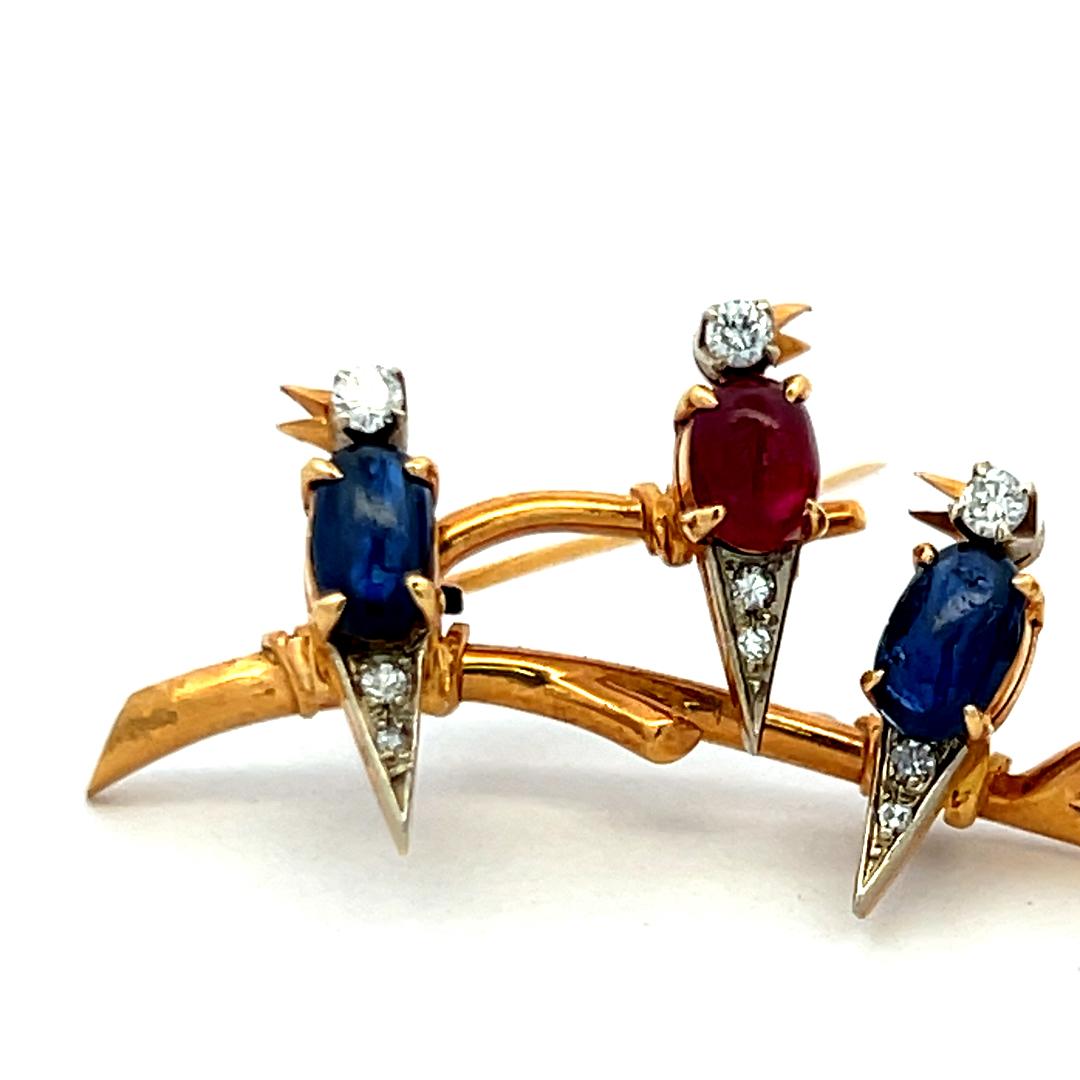 Ruby, Sapphire and Diamond 18K Yellow Gold Vintage Bird Pin Brooch