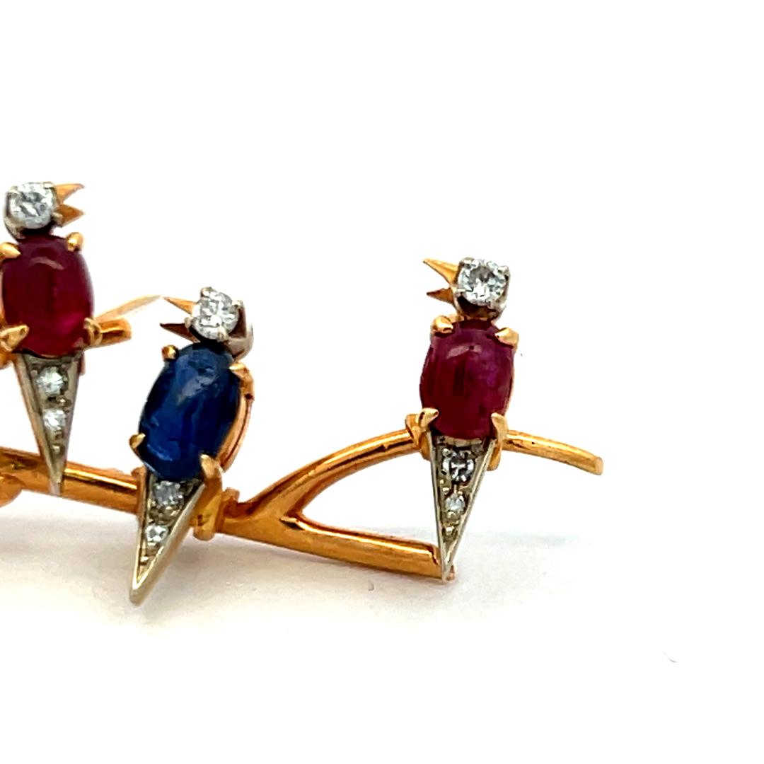 Ruby, Sapphire and Diamond 18K Yellow Gold Vintage Bird Pin Brooch