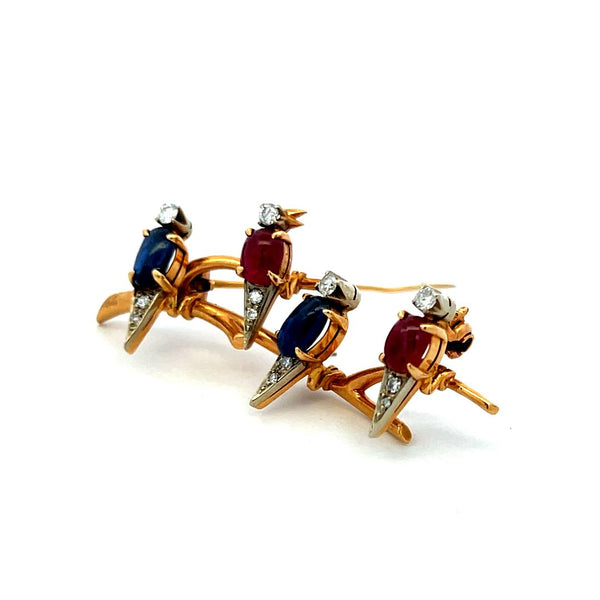 Ruby, Sapphire and Diamond 18K Yellow Gold Vintage Bird Pin Brooch