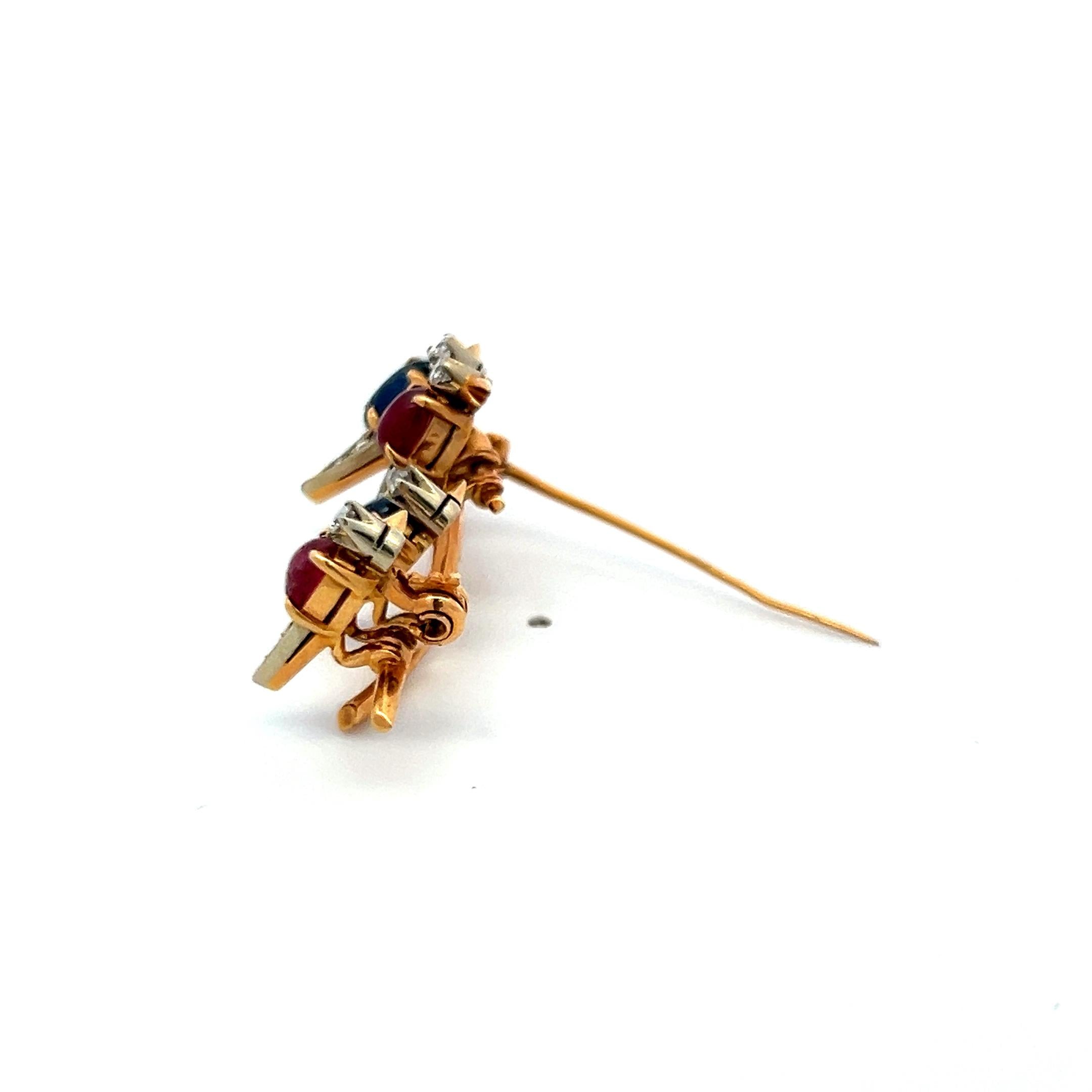 Ruby, Sapphire and Diamond 18K Yellow Gold Vintage Bird Pin Brooch