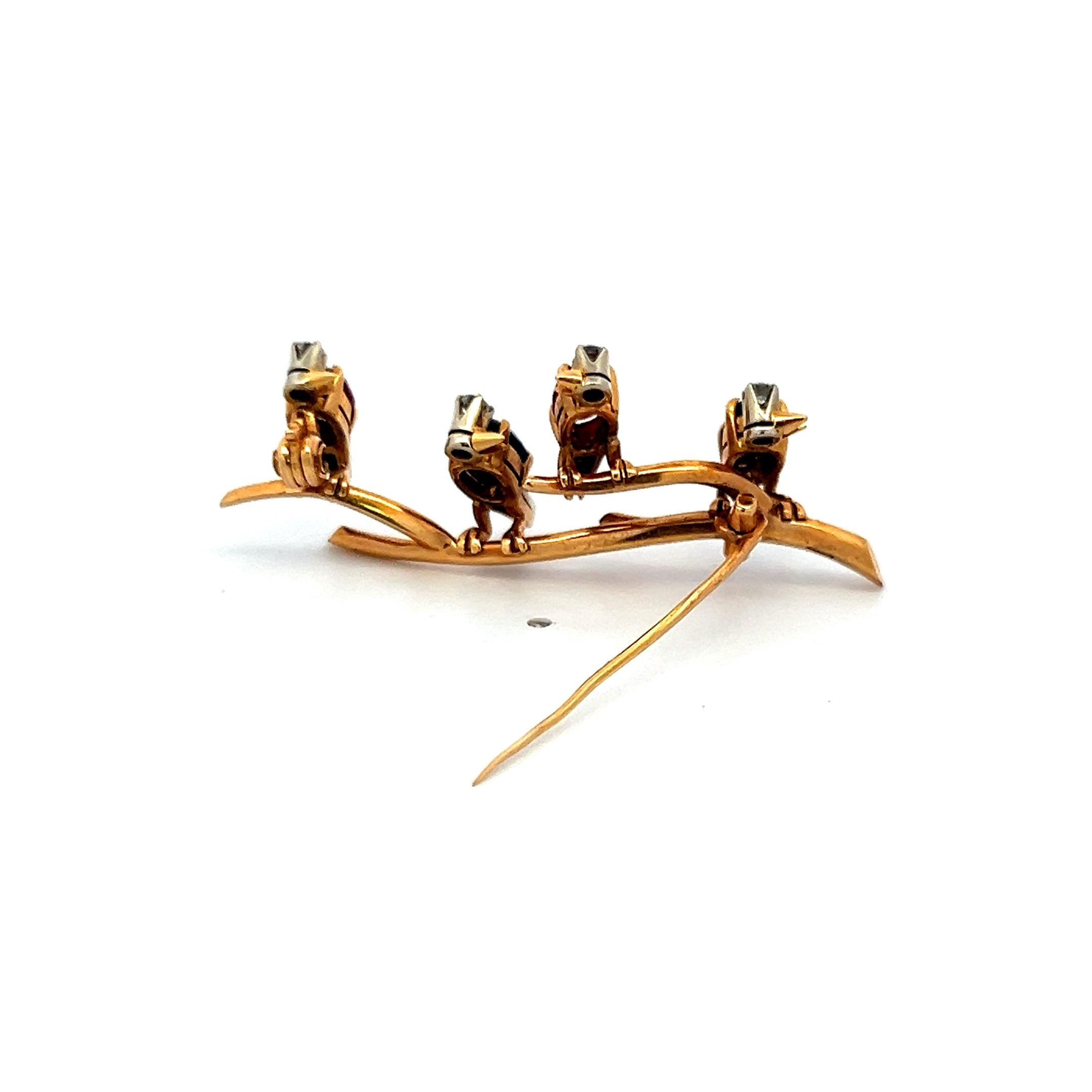 Ruby, Sapphire and Diamond 18K Yellow Gold Vintage Bird Pin Brooch