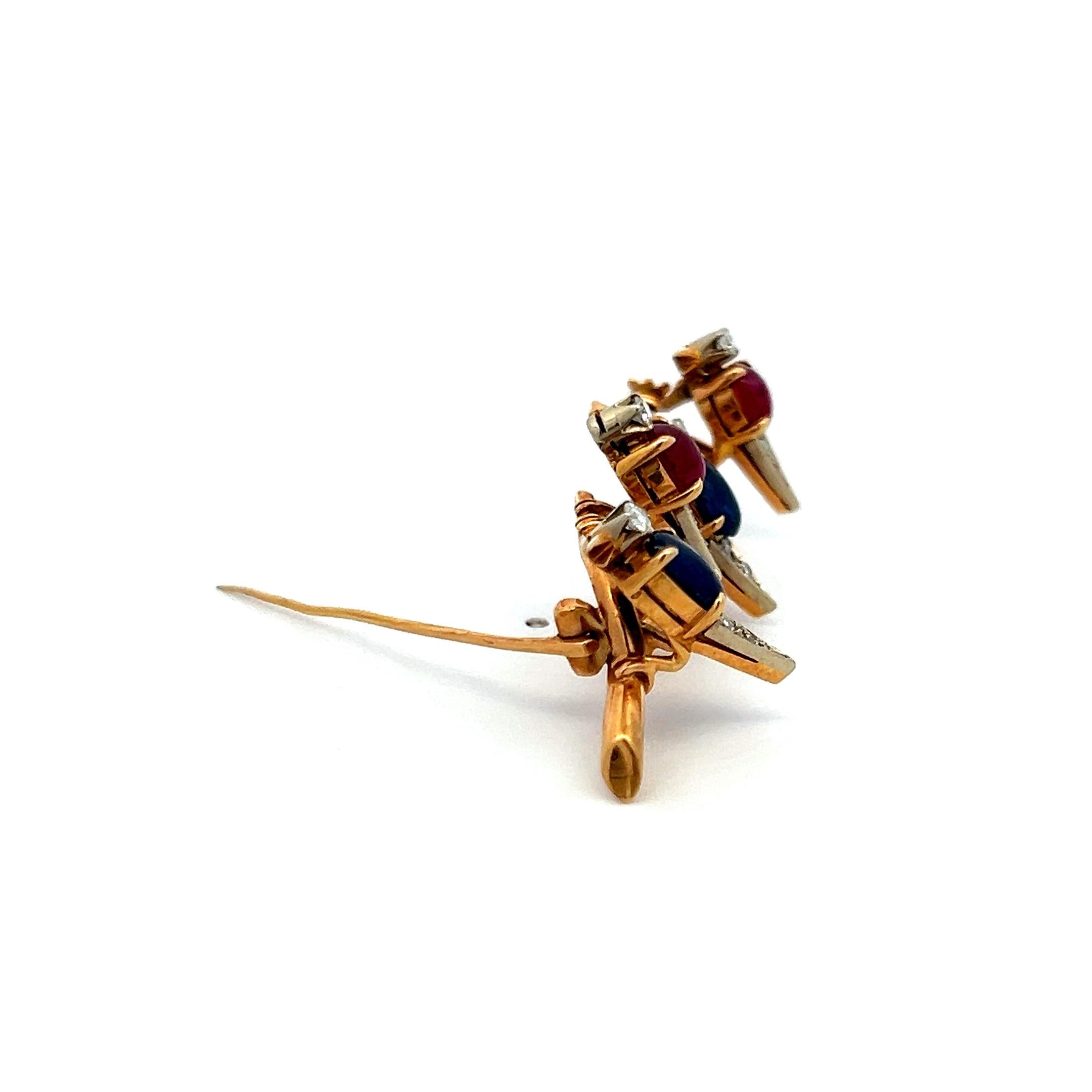 Ruby, Sapphire and Diamond 18K Yellow Gold Vintage Bird Pin Brooch