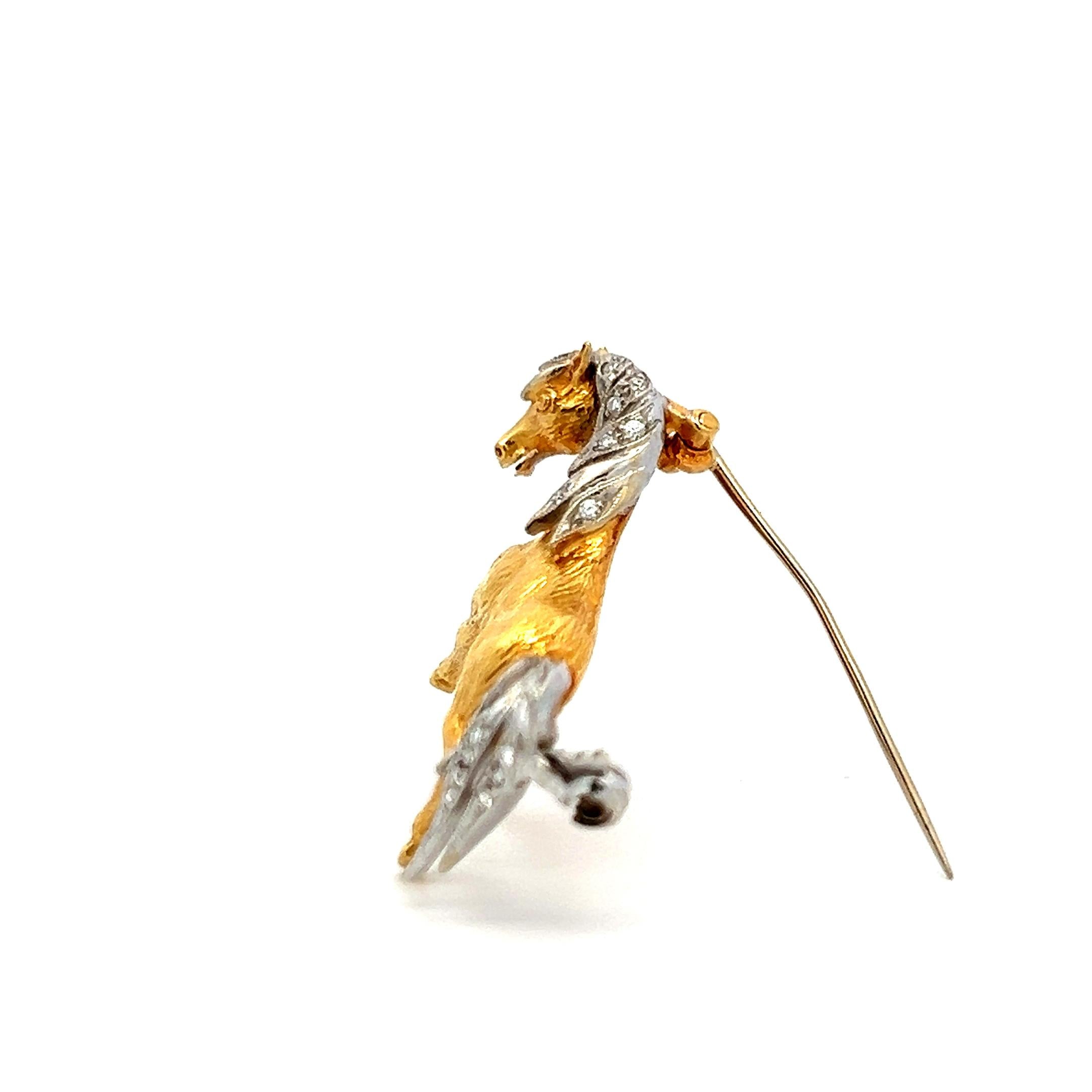Vintage 18K Two Tone Gold Horse Pin Brooch with 0.09 Carat Round I-SI Diamonds