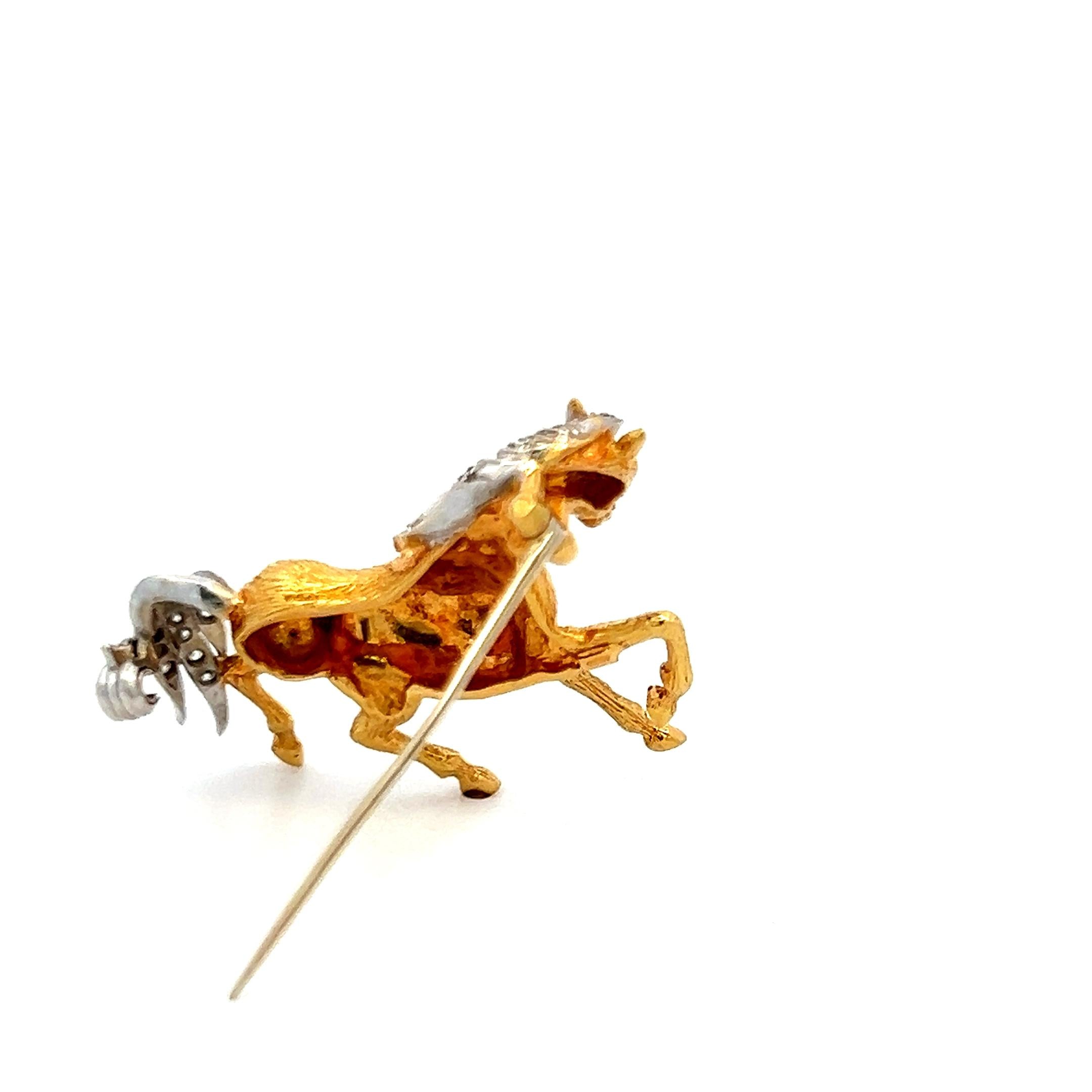 Vintage 18K Two Tone Gold Horse Pin Brooch with 0.09 Carat Round I-SI Diamonds