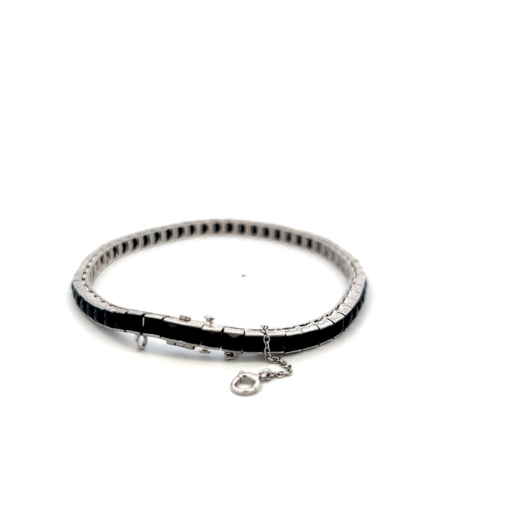 Vintage White Platinum Tennis Bracelet with 2.00x3.1 MM Onyx Stones