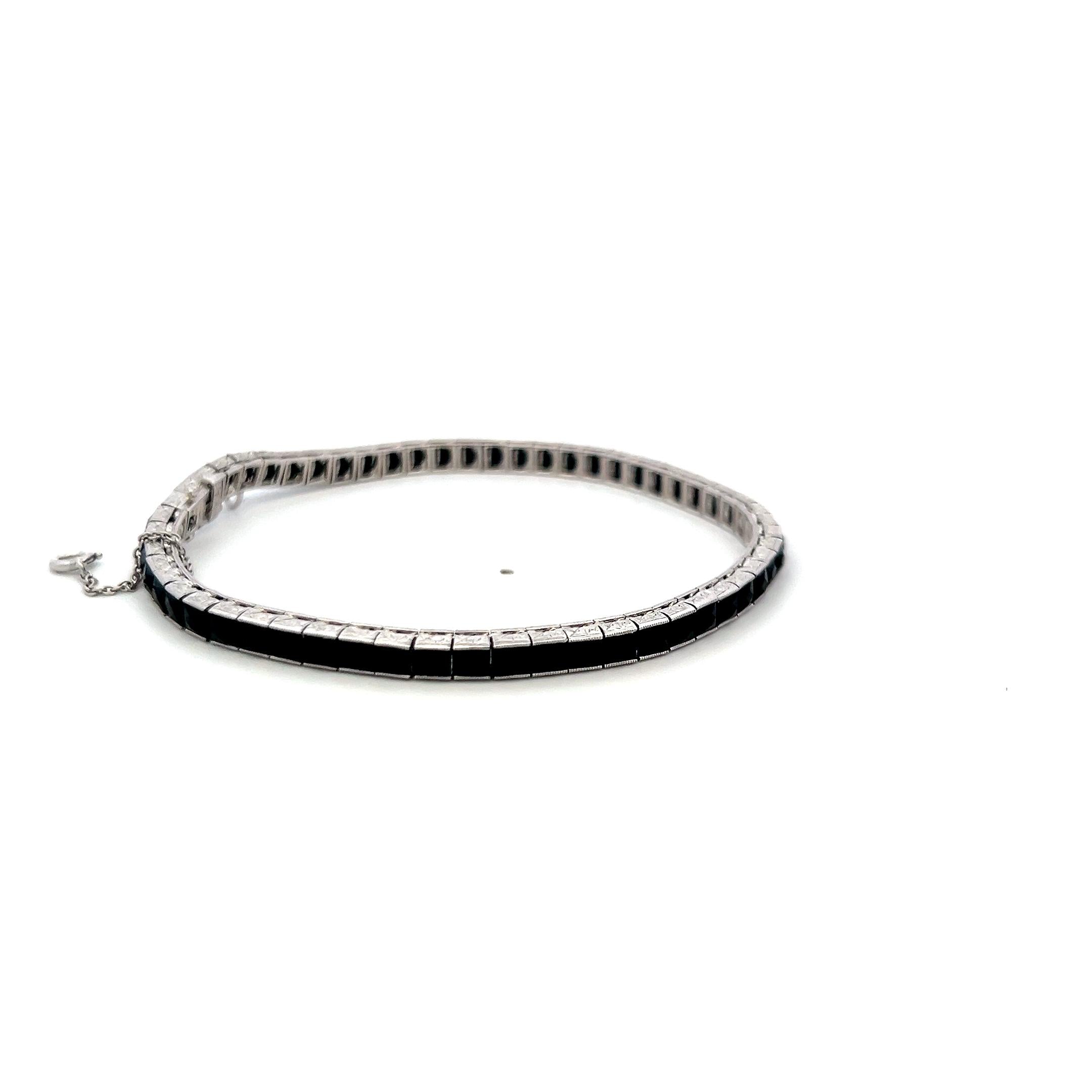 Vintage White Platinum Tennis Bracelet with 2.00x3.1 MM Onyx Stones