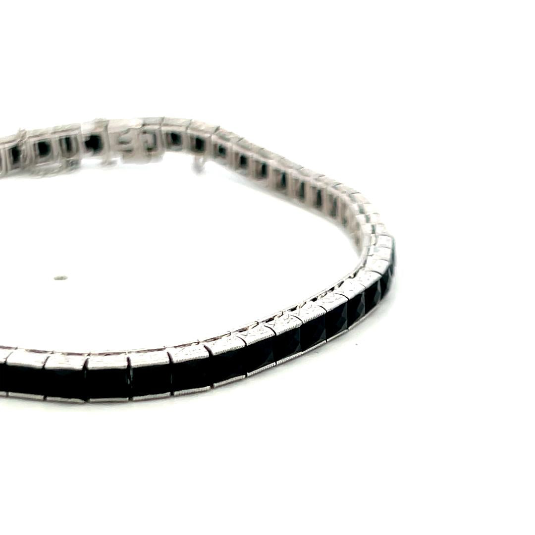Vintage White Platinum Tennis Bracelet with 2.00x3.1 MM Onyx Stones