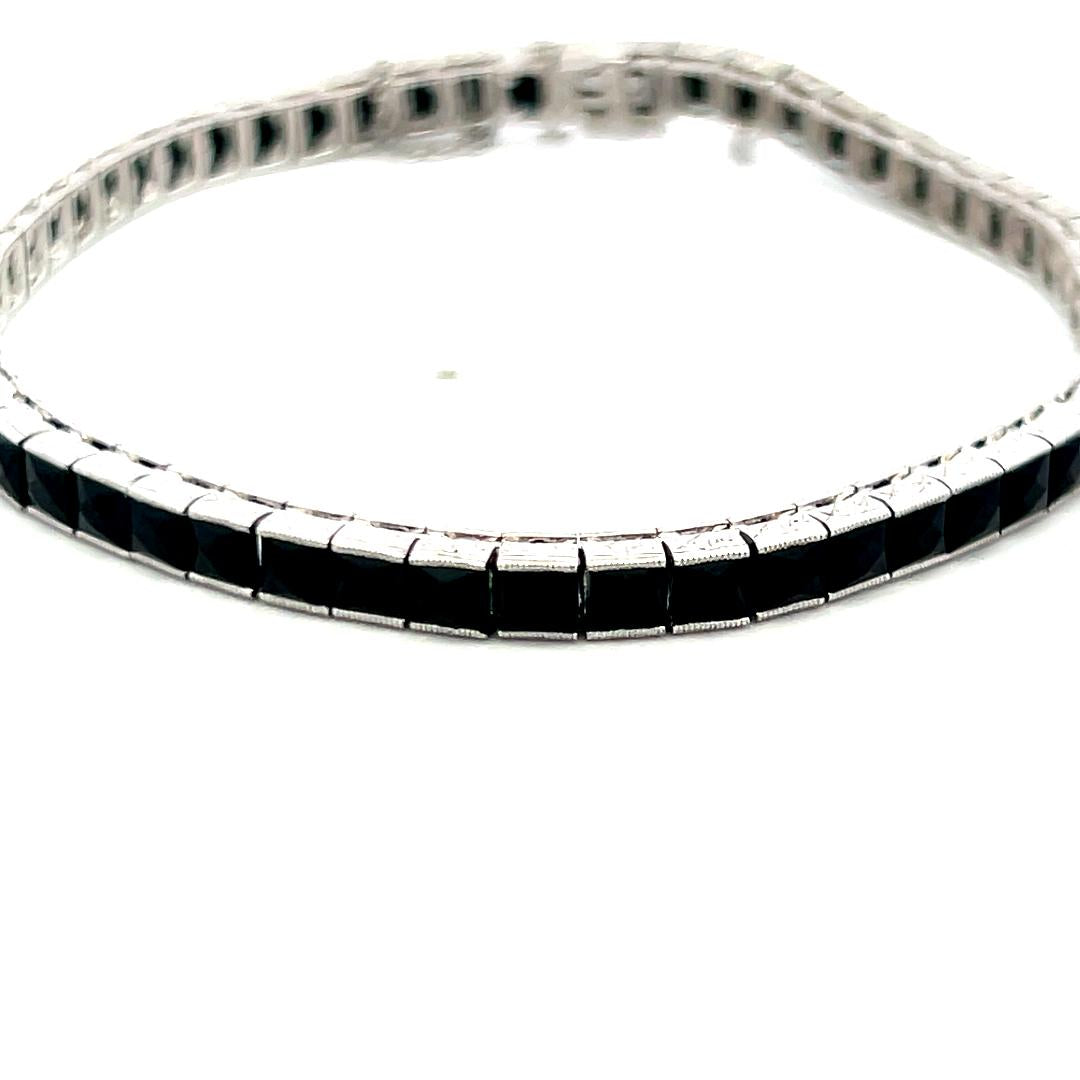 Vintage White Platinum Tennis Bracelet with 2.00x3.1 MM Onyx Stones