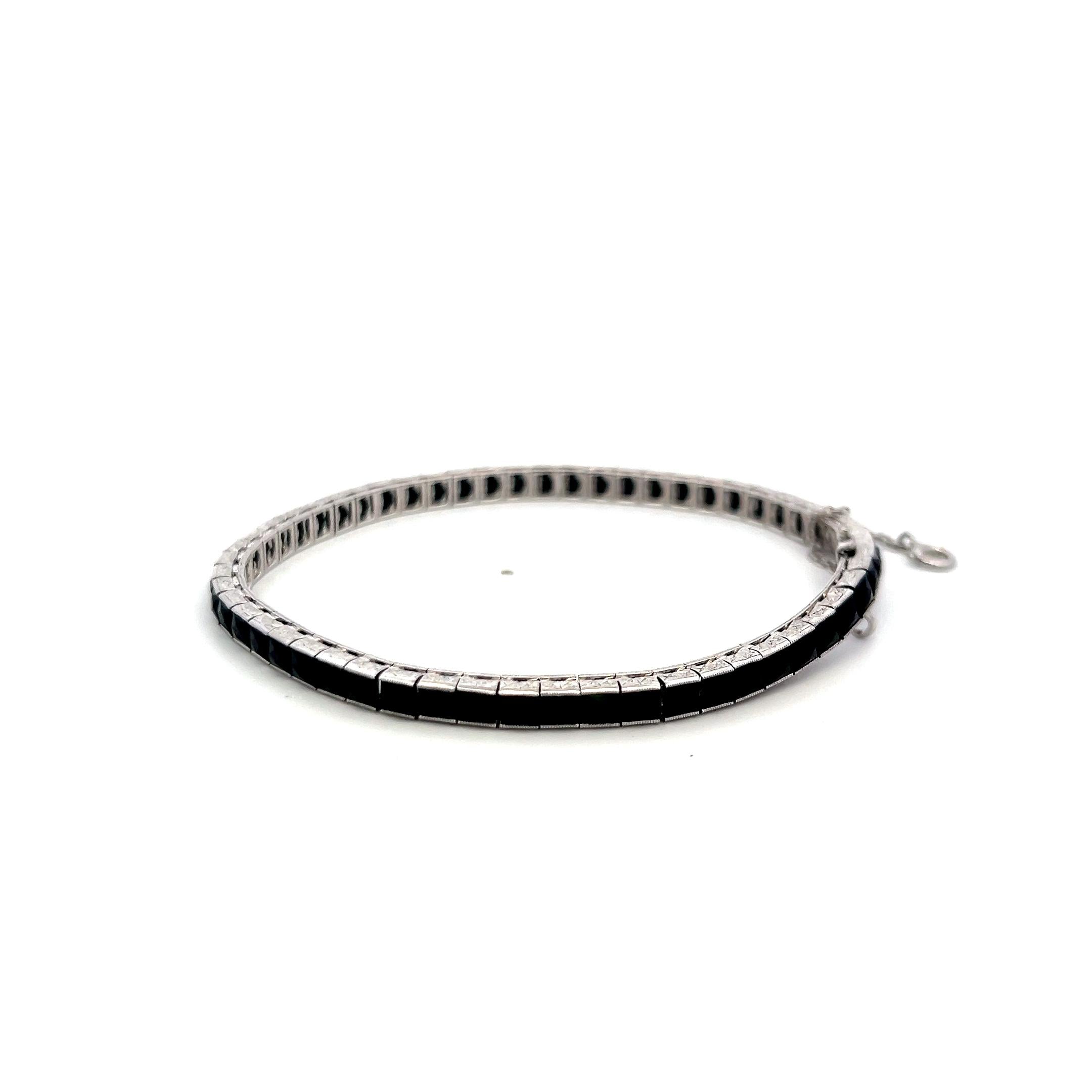Vintage White Platinum Tennis Bracelet with 2.00x3.1 MM Onyx Stones
