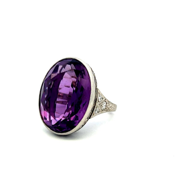 Amethyst & Diamond Platinum Cocktail Ring with 18.9-13.6MM Oval Amethyst Center