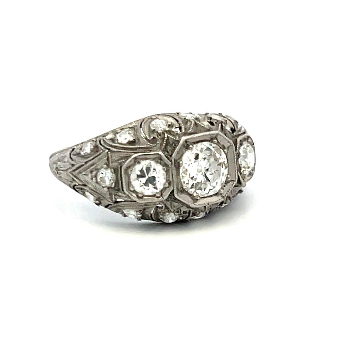 1.13 Carat H VS Old European & Brilliant Diamond Platinum Art Deco Ring