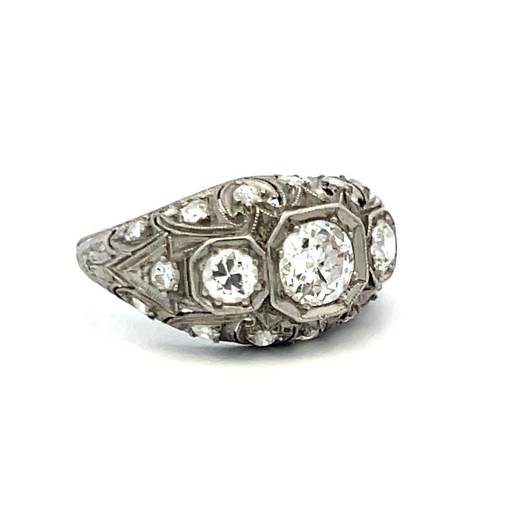Platinum Art Deco Ring with 1.13ct Old European & Circular Diamonds Size 6.25