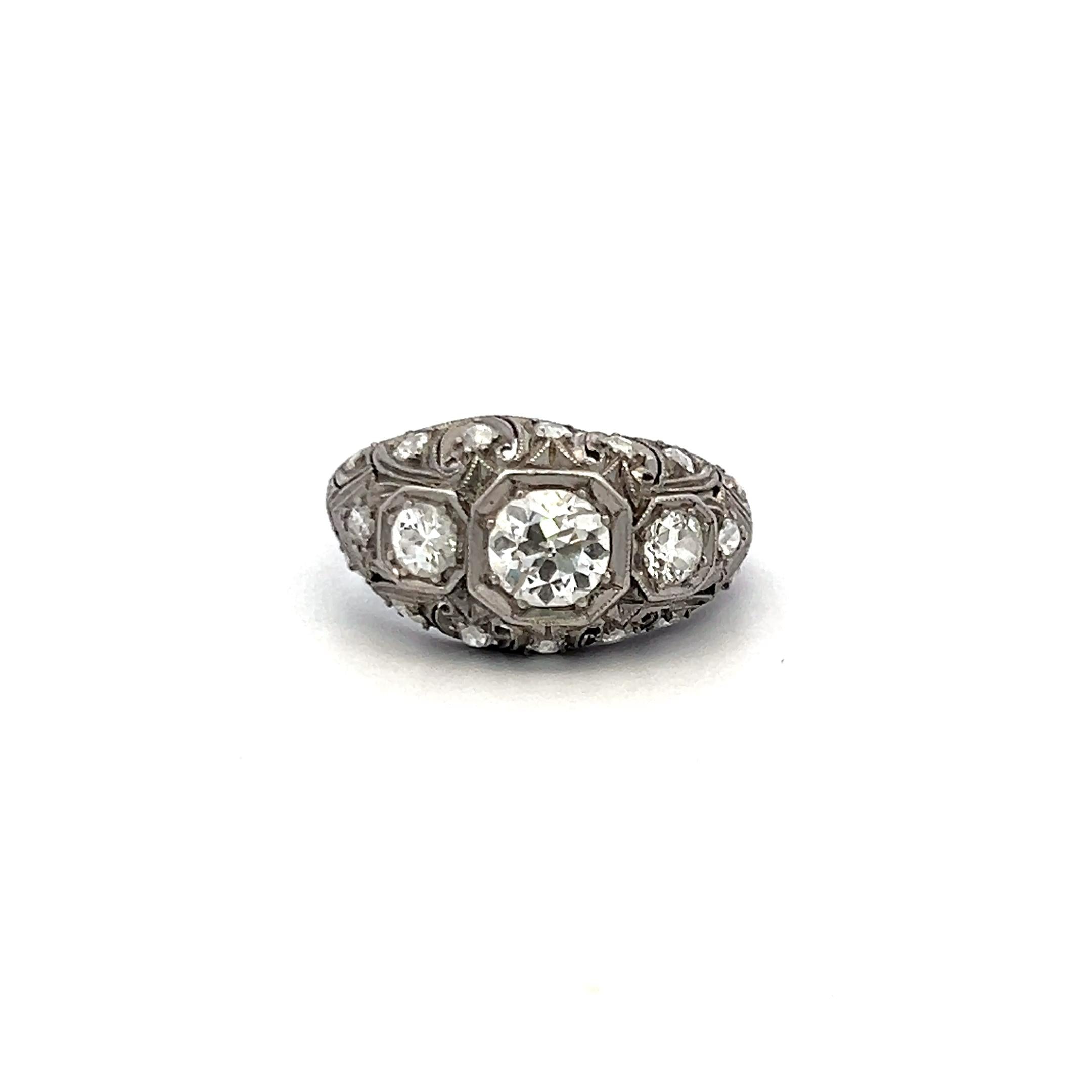 Platinum Art Deco Ring with 1.13ct Old European & Circular Diamonds Size 6.25