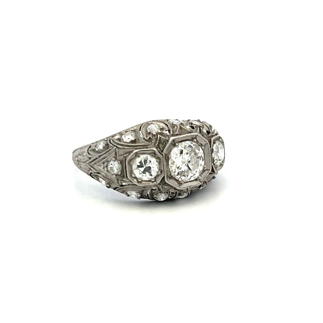 Platinum Art Deco Ring with 1.13ct Old European & Circular Diamonds Size 6.25