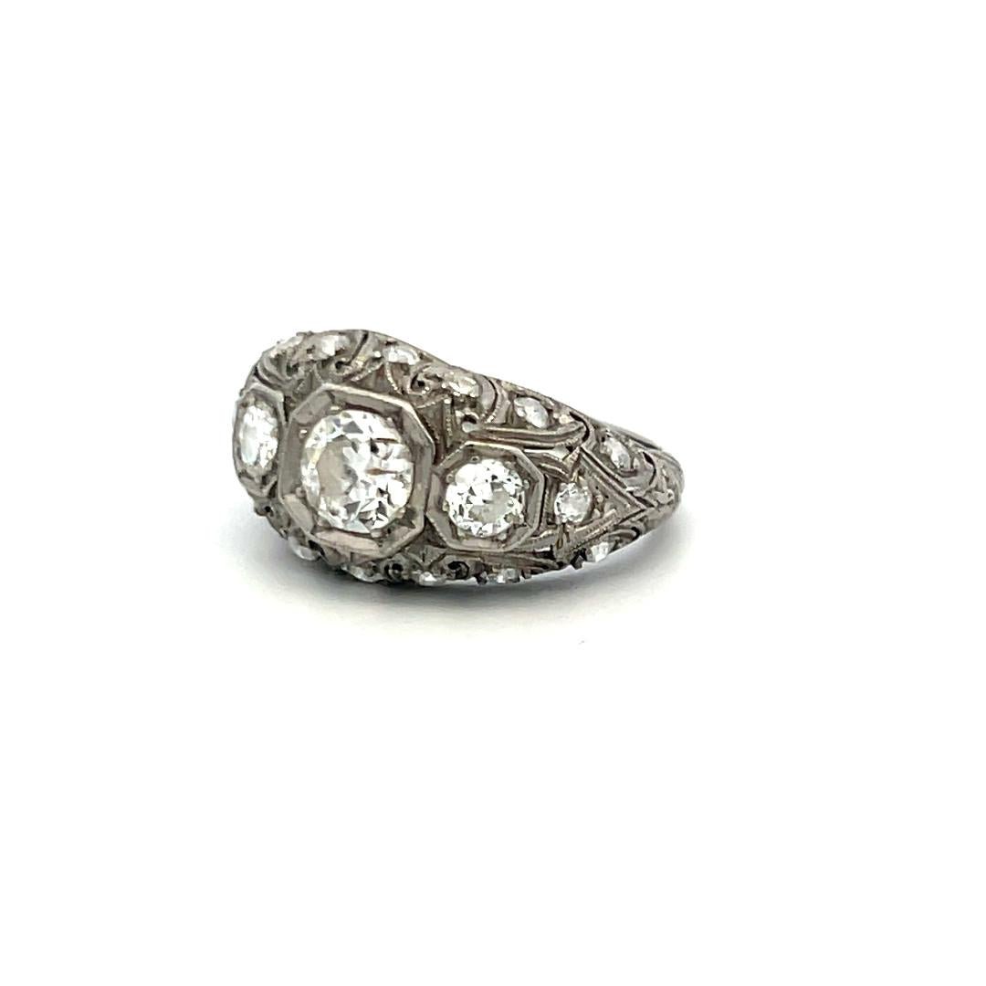 Platinum Art Deco Ring with 1.13ct Old European & Circular Diamonds Size 6.25