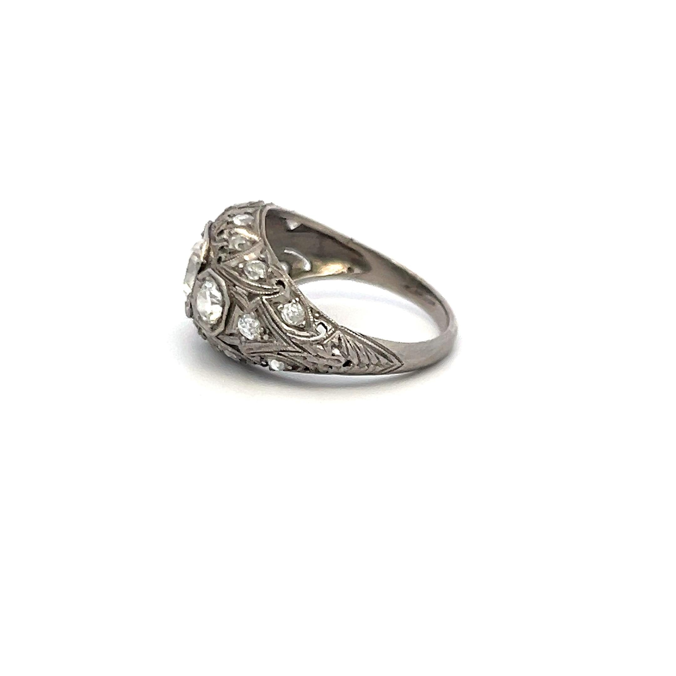 Platinum Art Deco Ring with 1.13ct Old European & Circular Diamonds Size 6.25