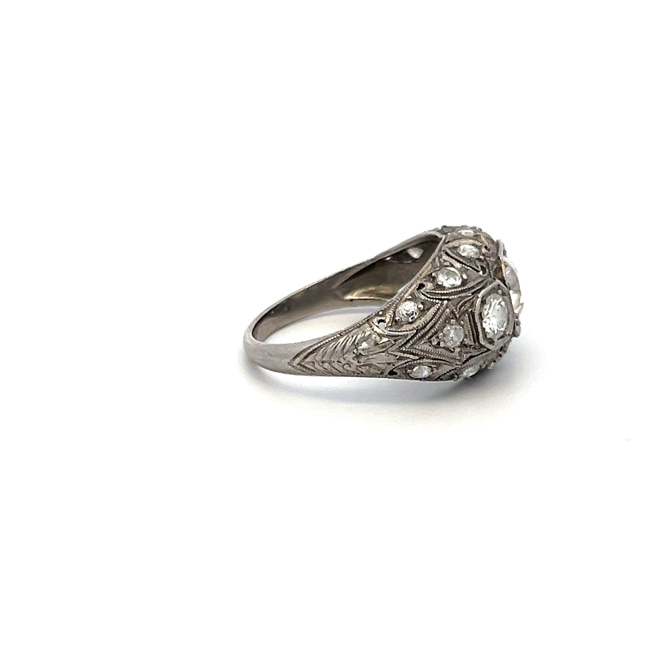 Platinum Art Deco Ring with 1.13ct Old European & Circular Diamonds Size 6.25