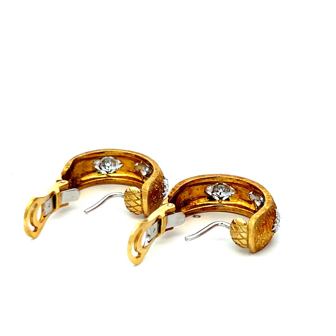 0.18 Carat H VS Diamond 18K Yellow Gold Vintage Textured C-Hoop Earrings