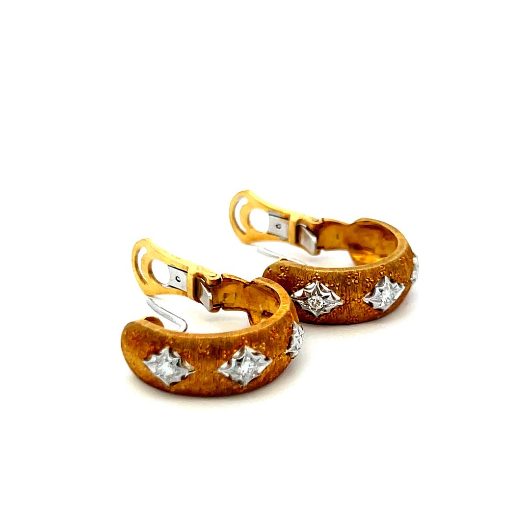 0.18 Carat H VS Diamond 18K Yellow Gold Vintage Textured C-Hoop Earrings