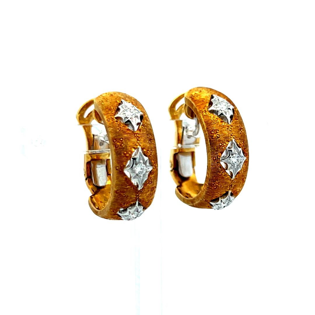 0.18 Carat H VS Diamond 18K Yellow Gold Vintage Textured C-Hoop Earrings