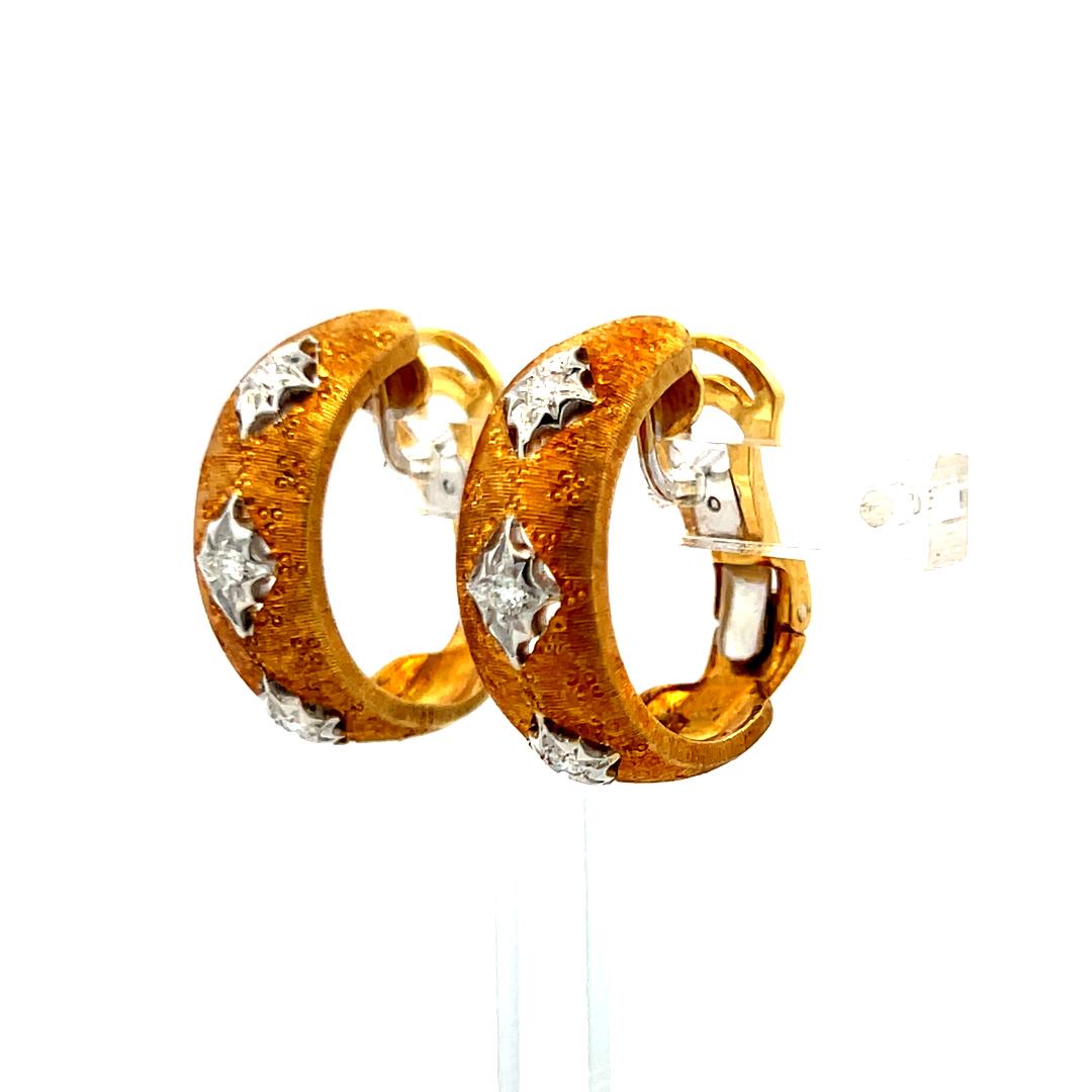 0.18 Carat H VS Diamond 18K Yellow Gold Vintage Textured C-Hoop Earrings