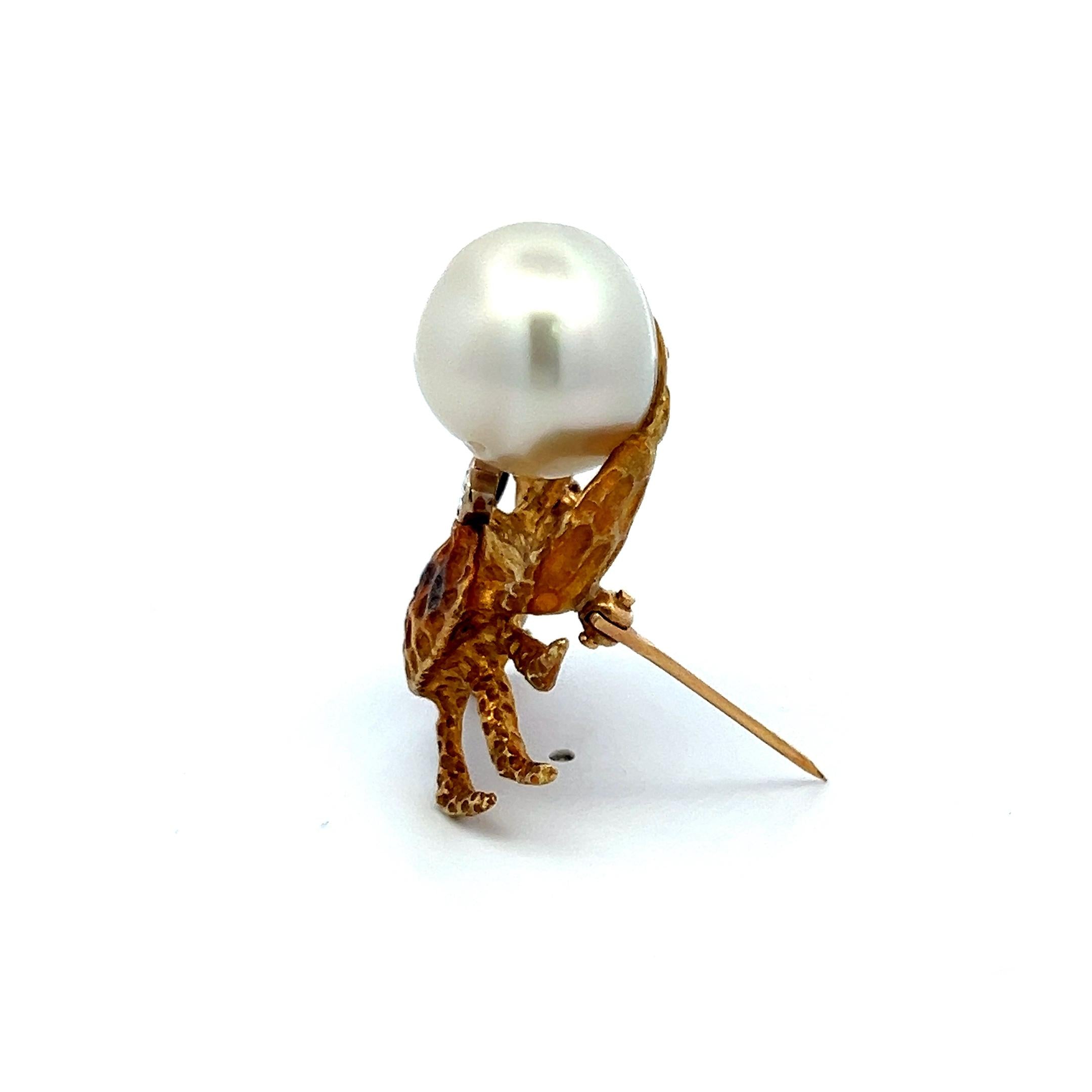 Pearl and 0.20ct Diamond 18K Yellow Gold Vintage Crab Pin Brooch