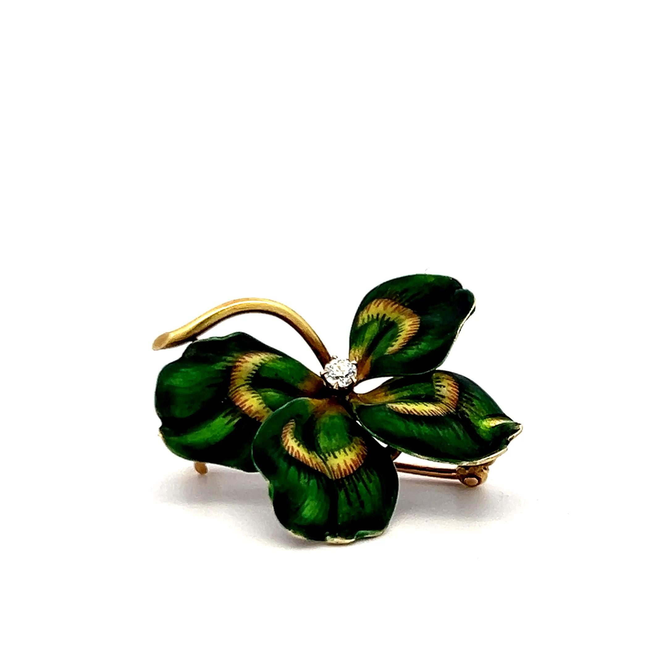 18K Yellow Gold Green Enamel Flower Brooch with 0.05ct Diamond Vintage