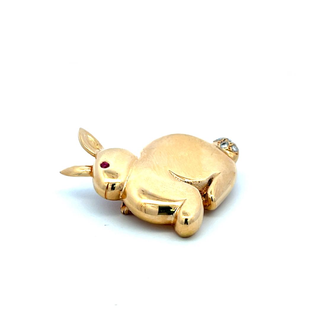 18K Yellow Gold Bunny Brooch with Diamond Tail and Ruby Eye Vintage Pin