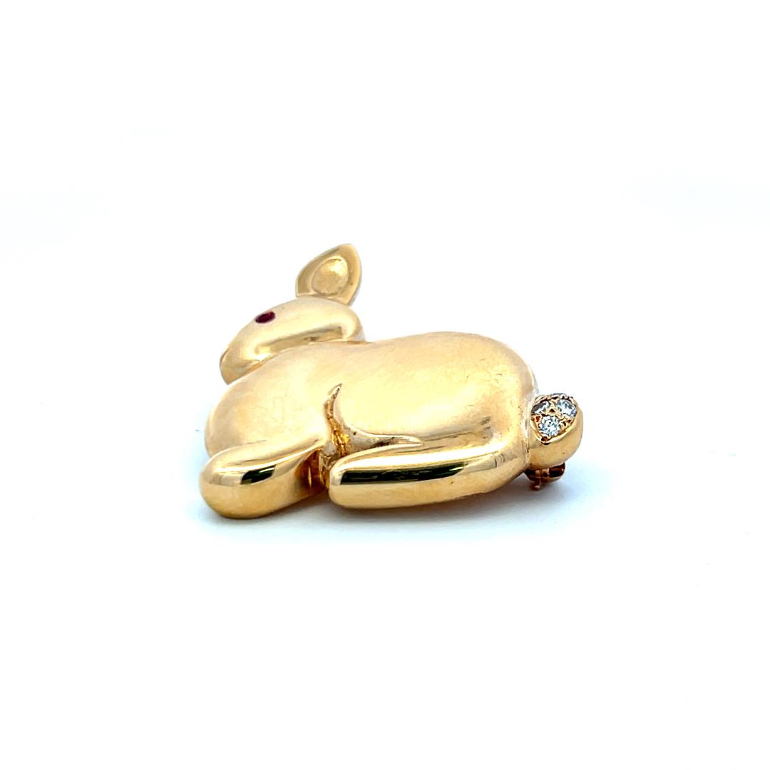 18K Yellow Gold Bunny Brooch with Diamond Tail and Ruby Eye Vintage Pin