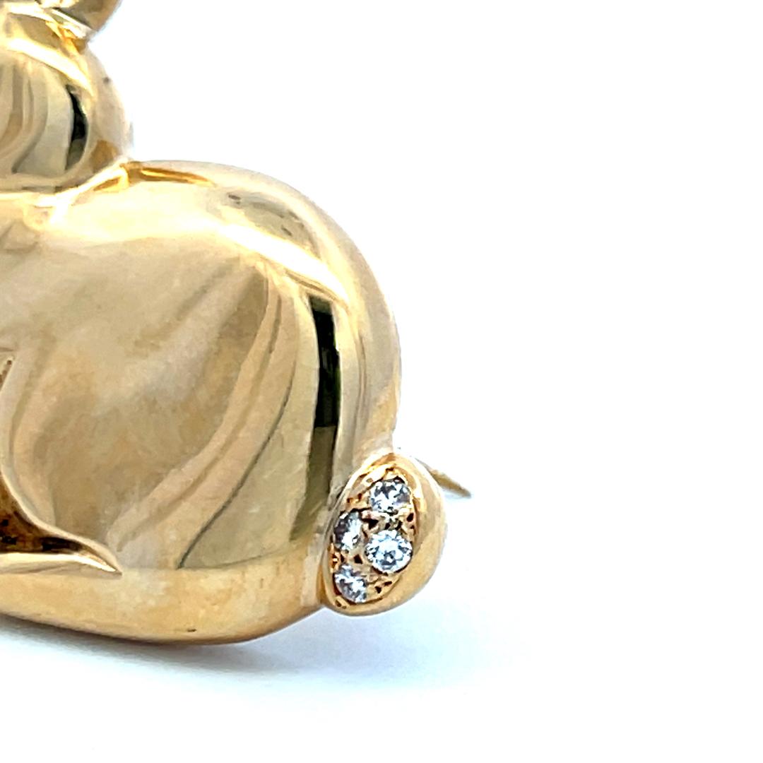 18K Yellow Gold Bunny Brooch with Diamond Tail and Ruby Eye Vintage Pin