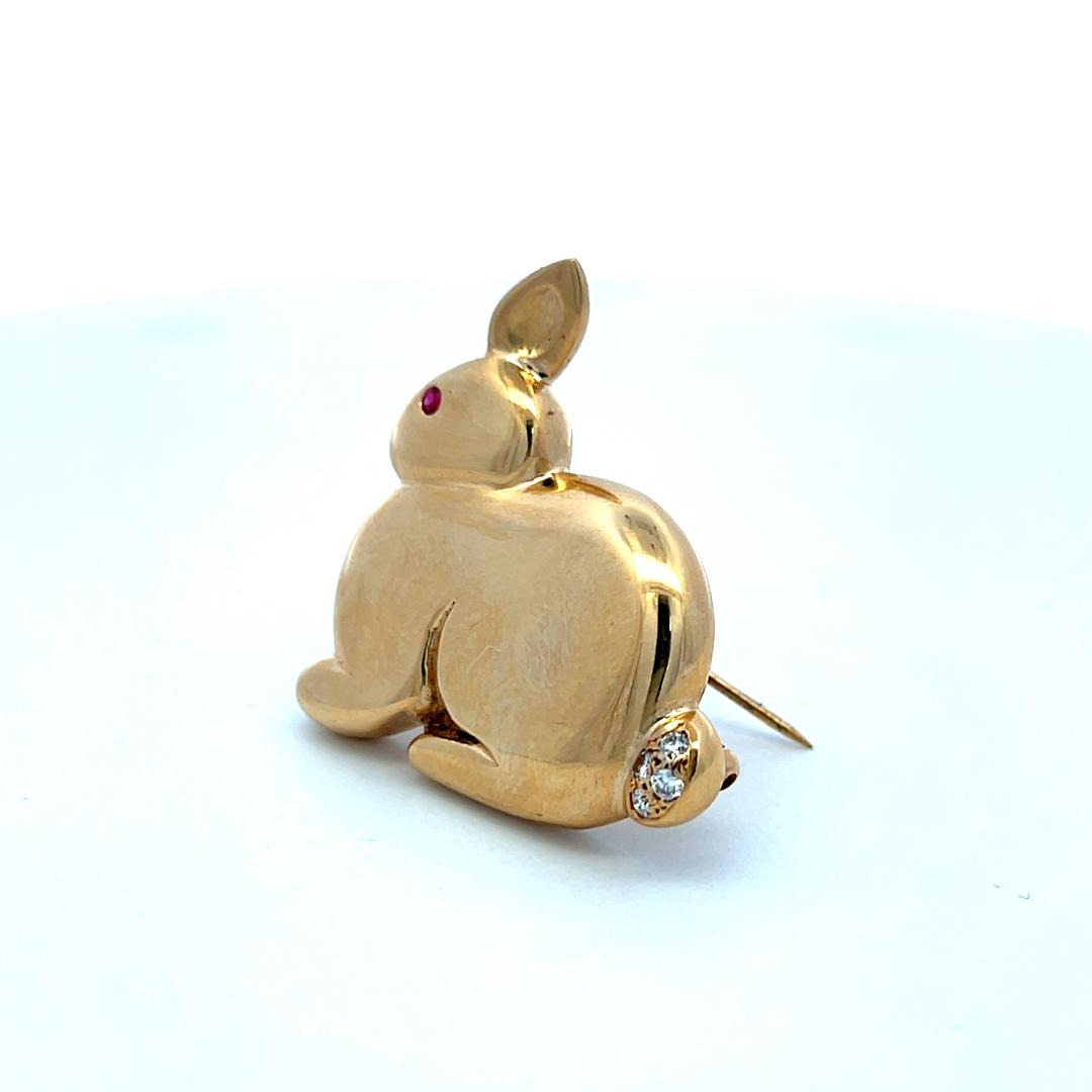 18K Yellow Gold Bunny Brooch with Diamond Tail and Ruby Eye Vintage Pin