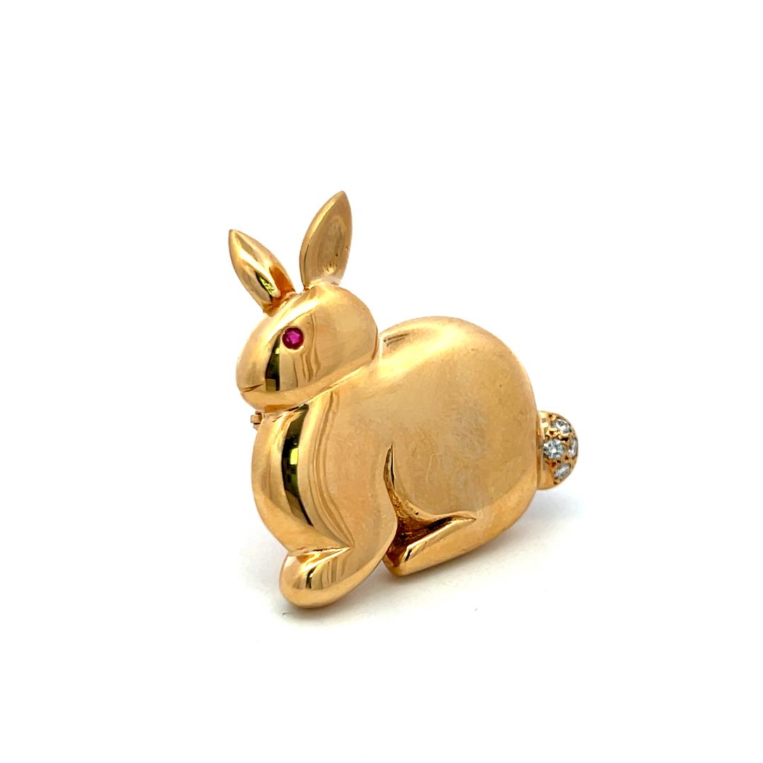 18K Yellow Gold Bunny Brooch with Diamond Tail and Ruby Eye Vintage Pin