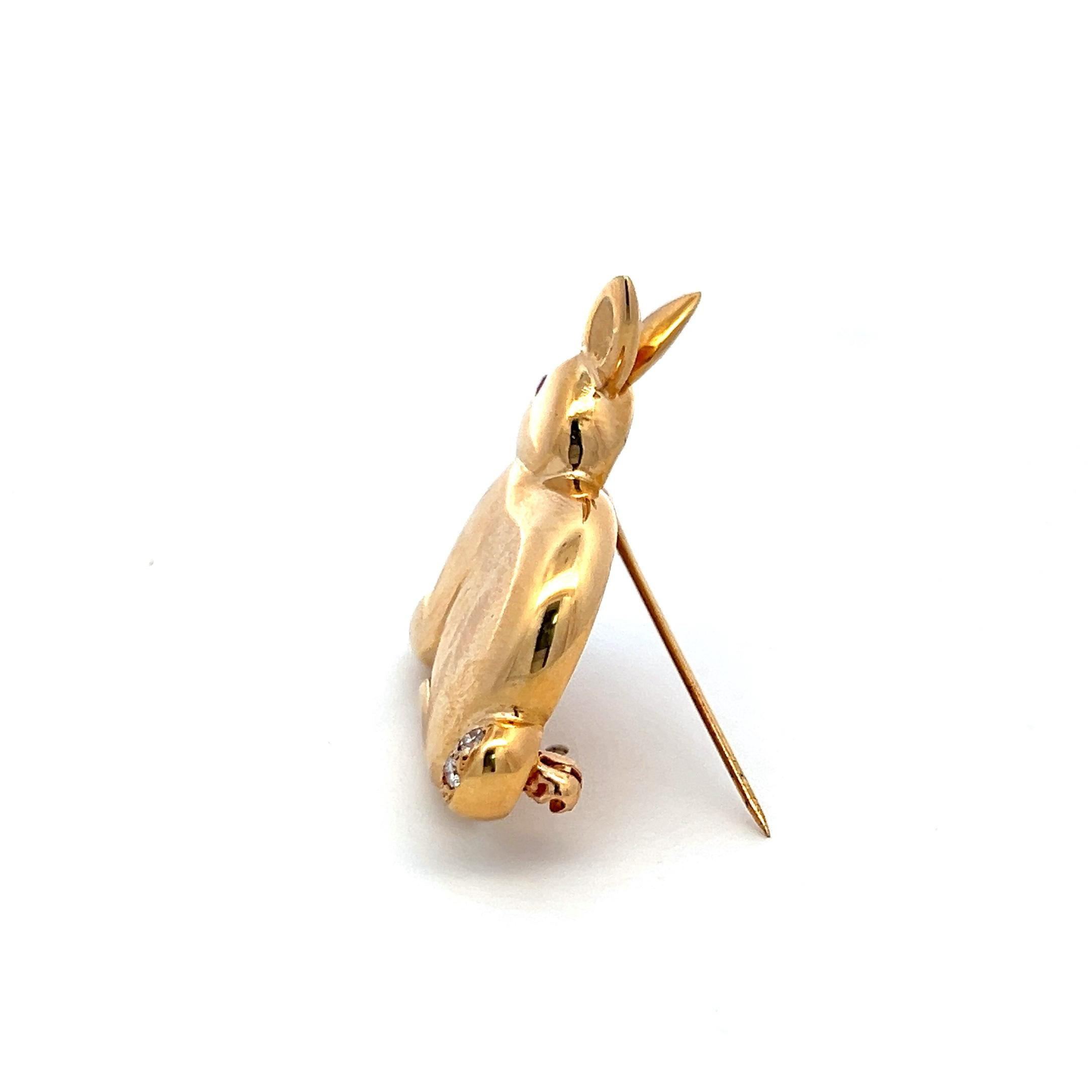 18K Yellow Gold Bunny Brooch with Diamond Tail and Ruby Eye Vintage Pin
