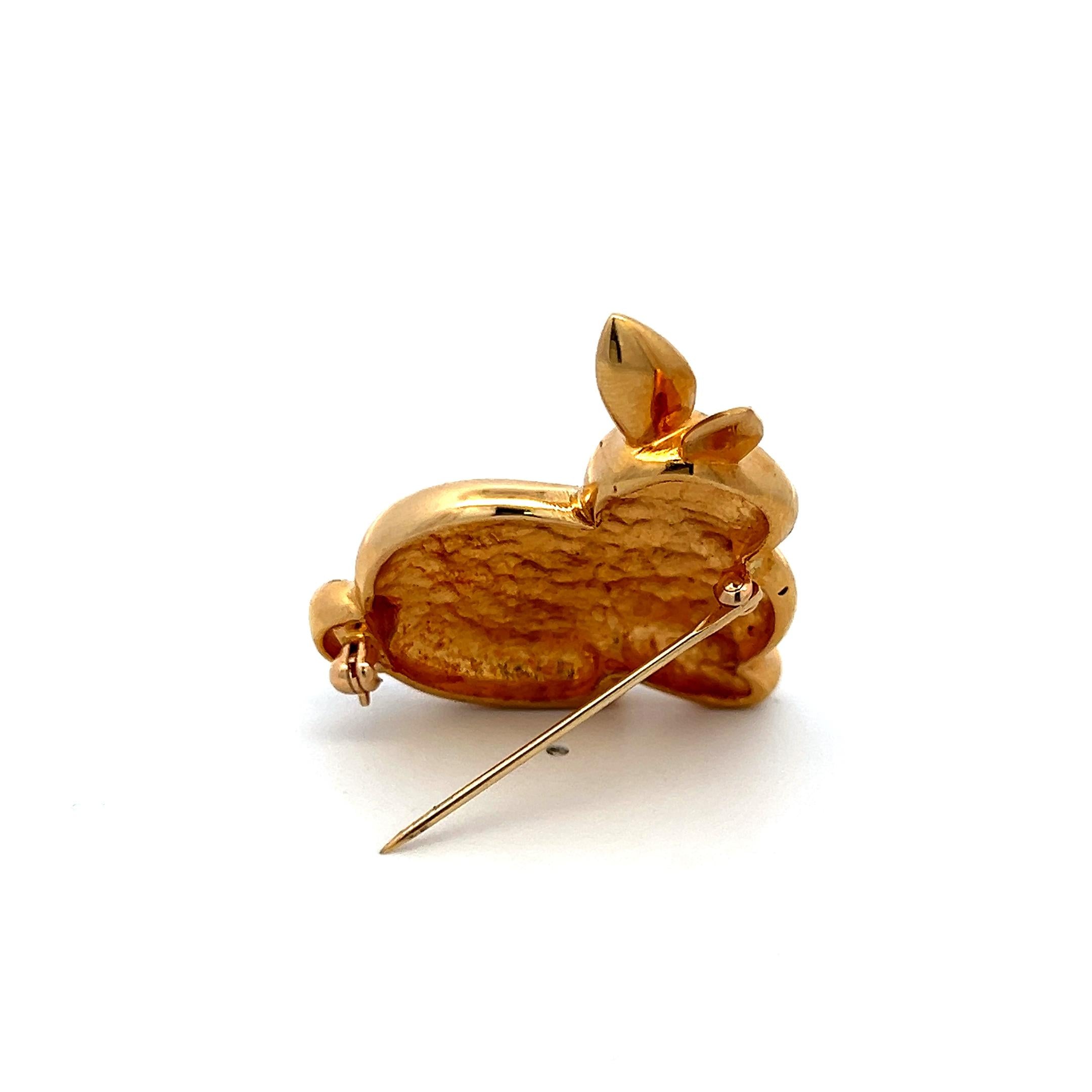 18K Yellow Gold Bunny Brooch with Diamond Tail and Ruby Eye Vintage Pin