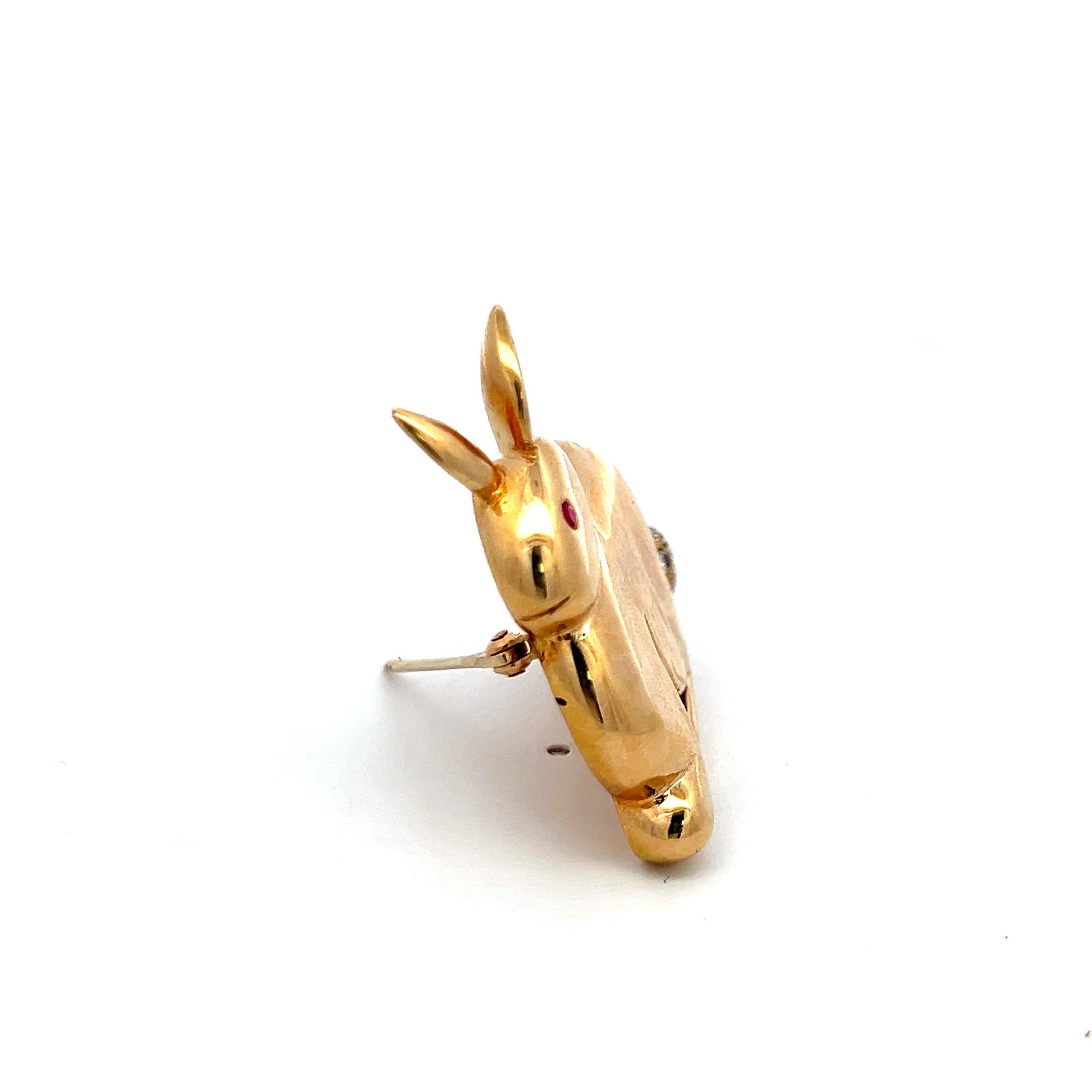 18K Yellow Gold Bunny Brooch with Diamond Tail and Ruby Eye Vintage Pin