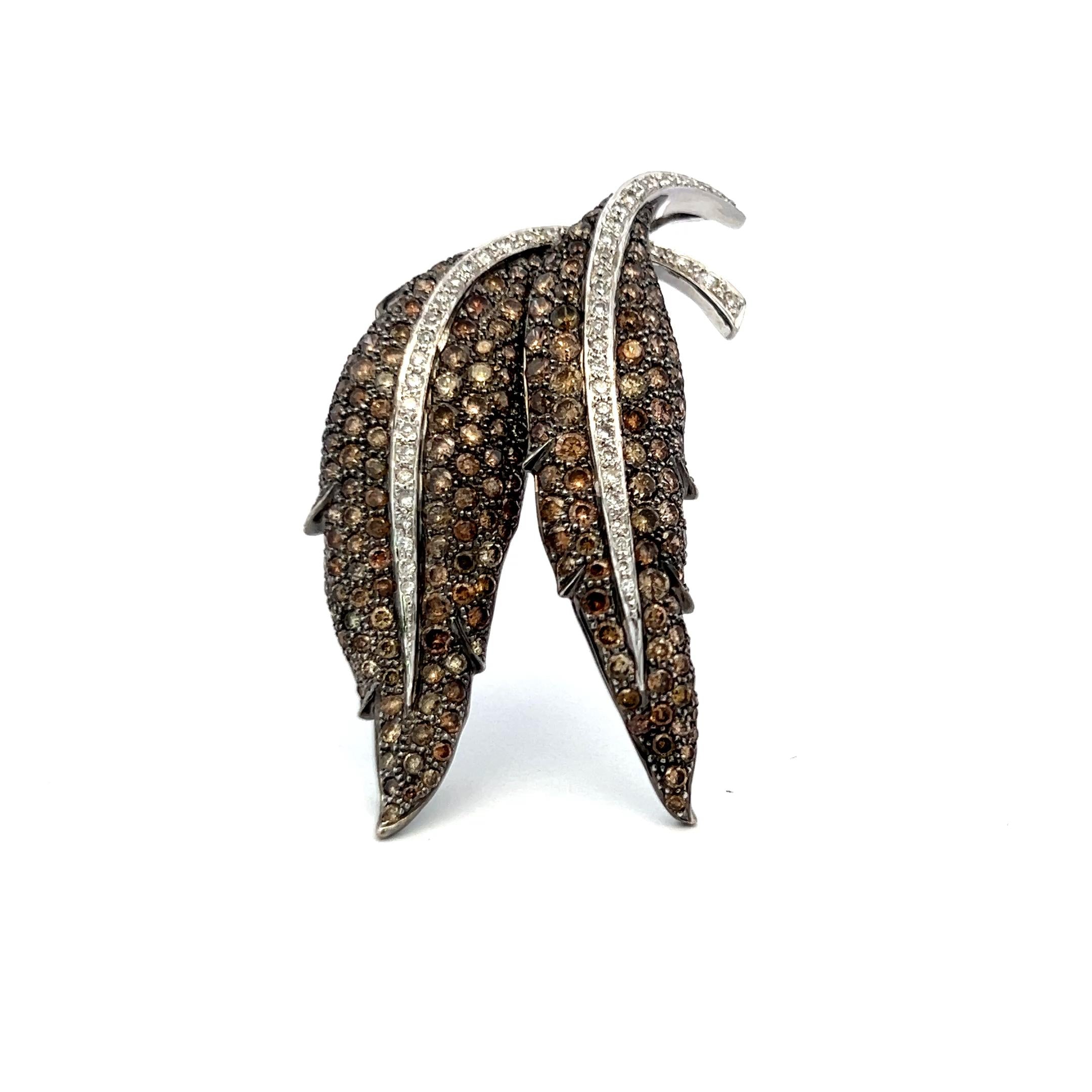 9.00ct Fancy Brown and White Diamond 18K White Gold Vintage Leaf Pin Brooch