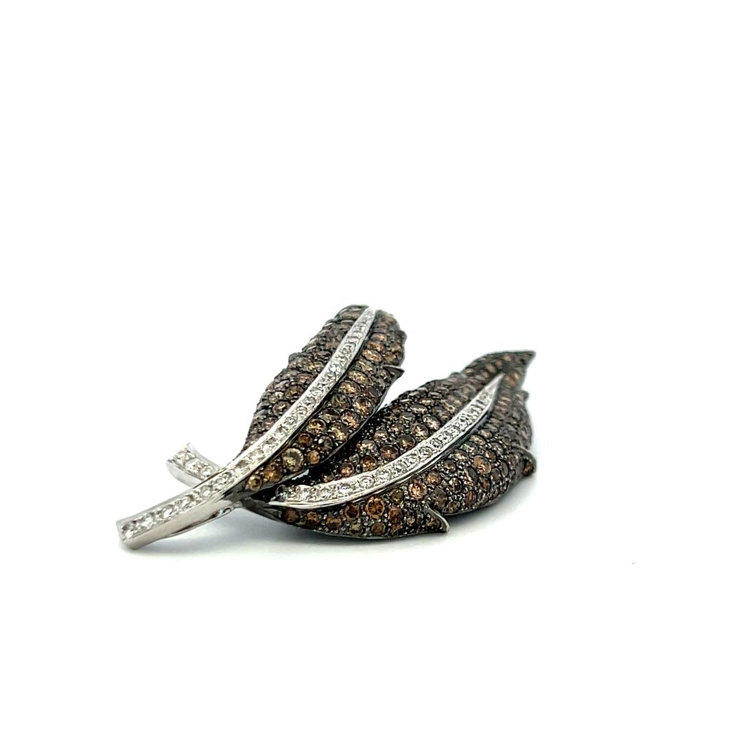 9.00ct Fancy Brown and White Diamond 18K White Gold Vintage Leaf Pin Brooch