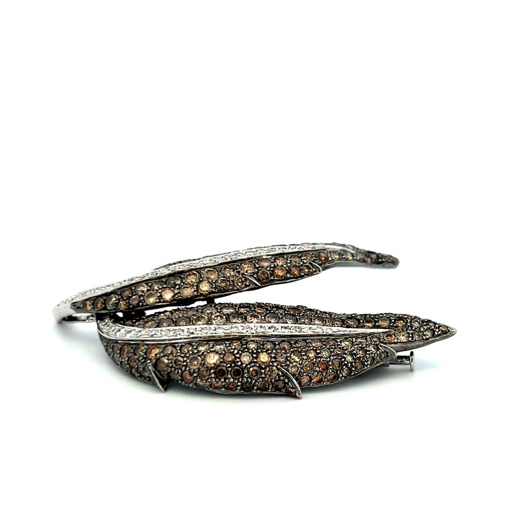 9.00ct Fancy Brown and White Diamond 18K White Gold Vintage Leaf Pin Brooch