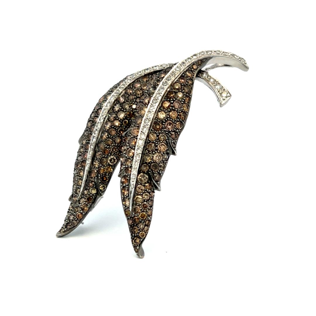 9.00ct Fancy Brown and White Diamond 18K White Gold Vintage Leaf Pin Brooch