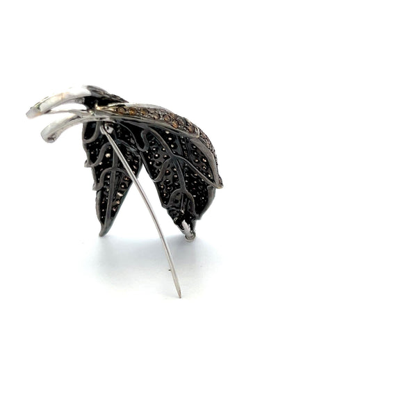 9.00ct Fancy Brown and White Diamond 18K White Gold Vintage Leaf Pin Brooch