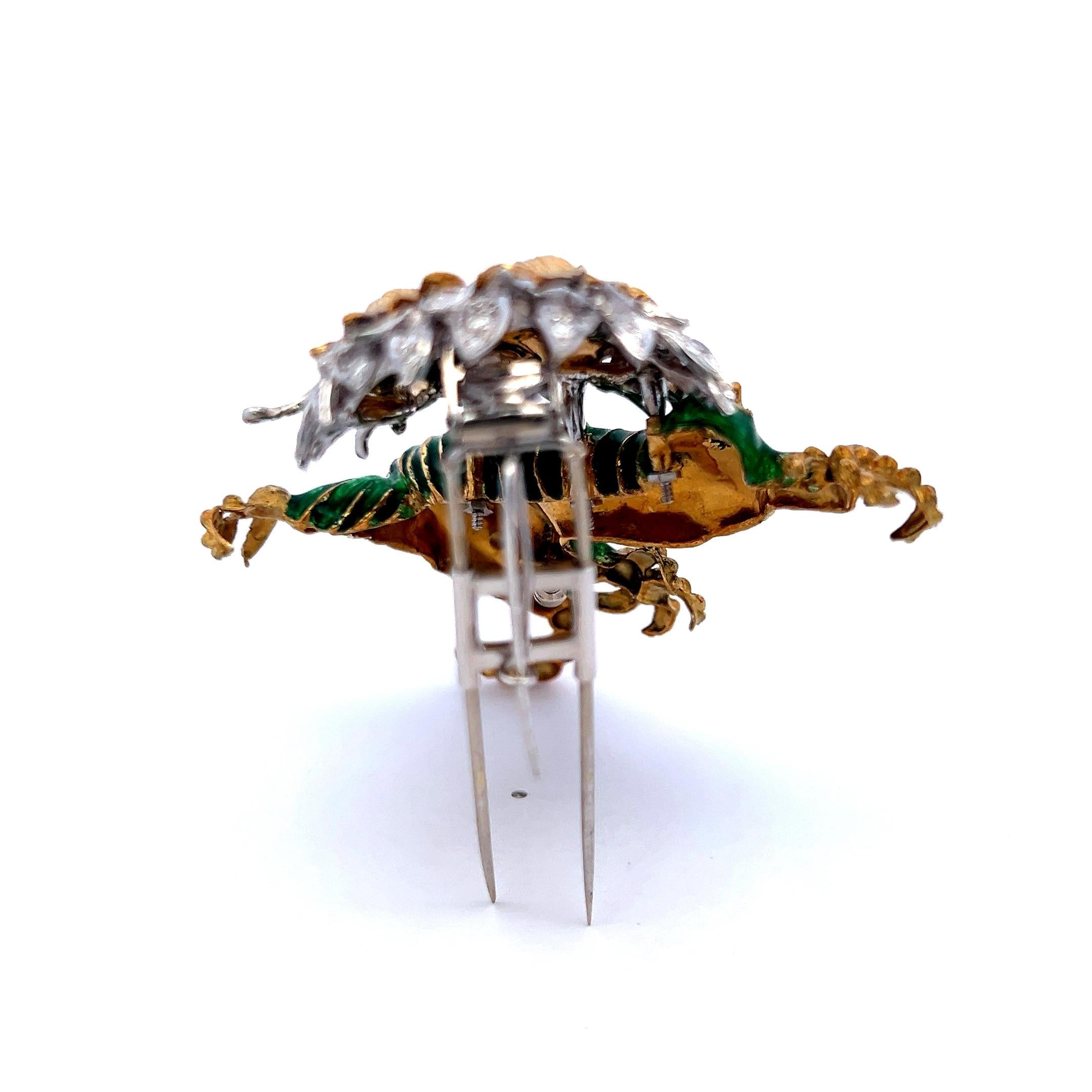 18K Two-Tone Gold Dragon Brooch with Diamonds and Emerald Eyes Vintage