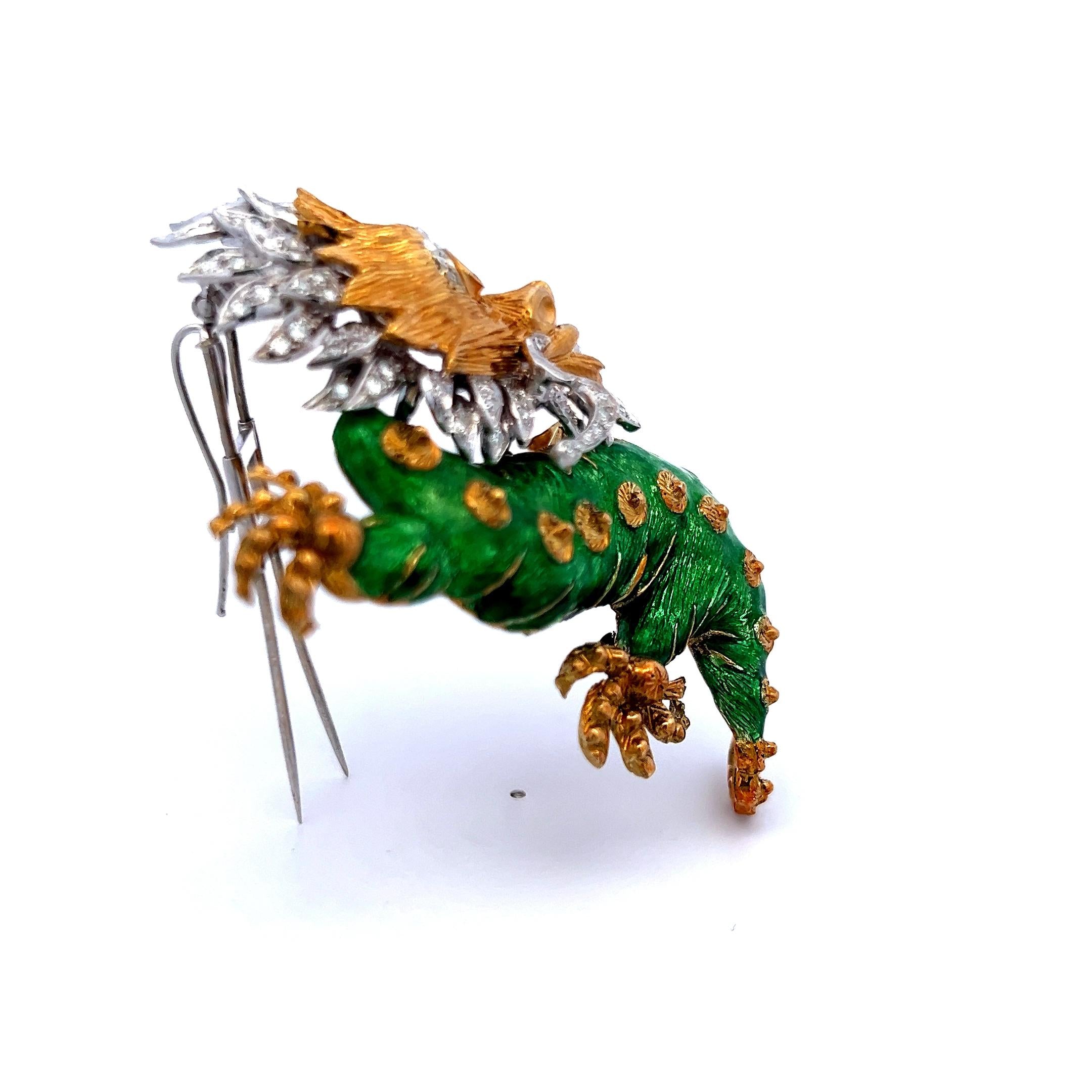 18K Two-Tone Gold Dragon Brooch with Diamonds and Emerald Eyes Vintage