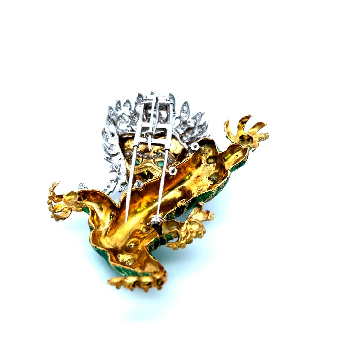 18K Two-Tone Gold Dragon Brooch with Diamonds and Emerald Eyes Vintage