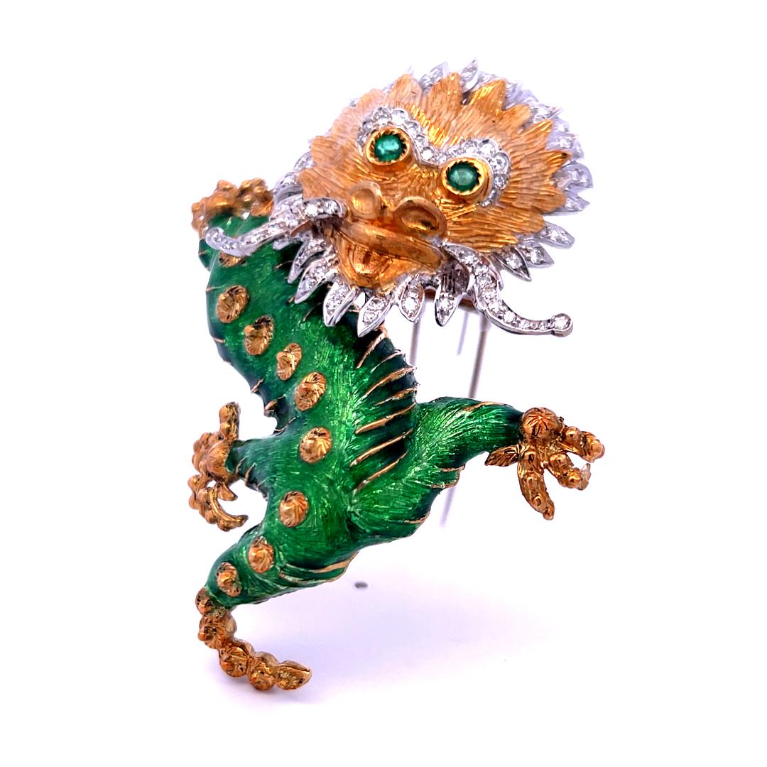 18K Two-Tone Gold Dragon Brooch with Diamonds and Emerald Eyes Vintage