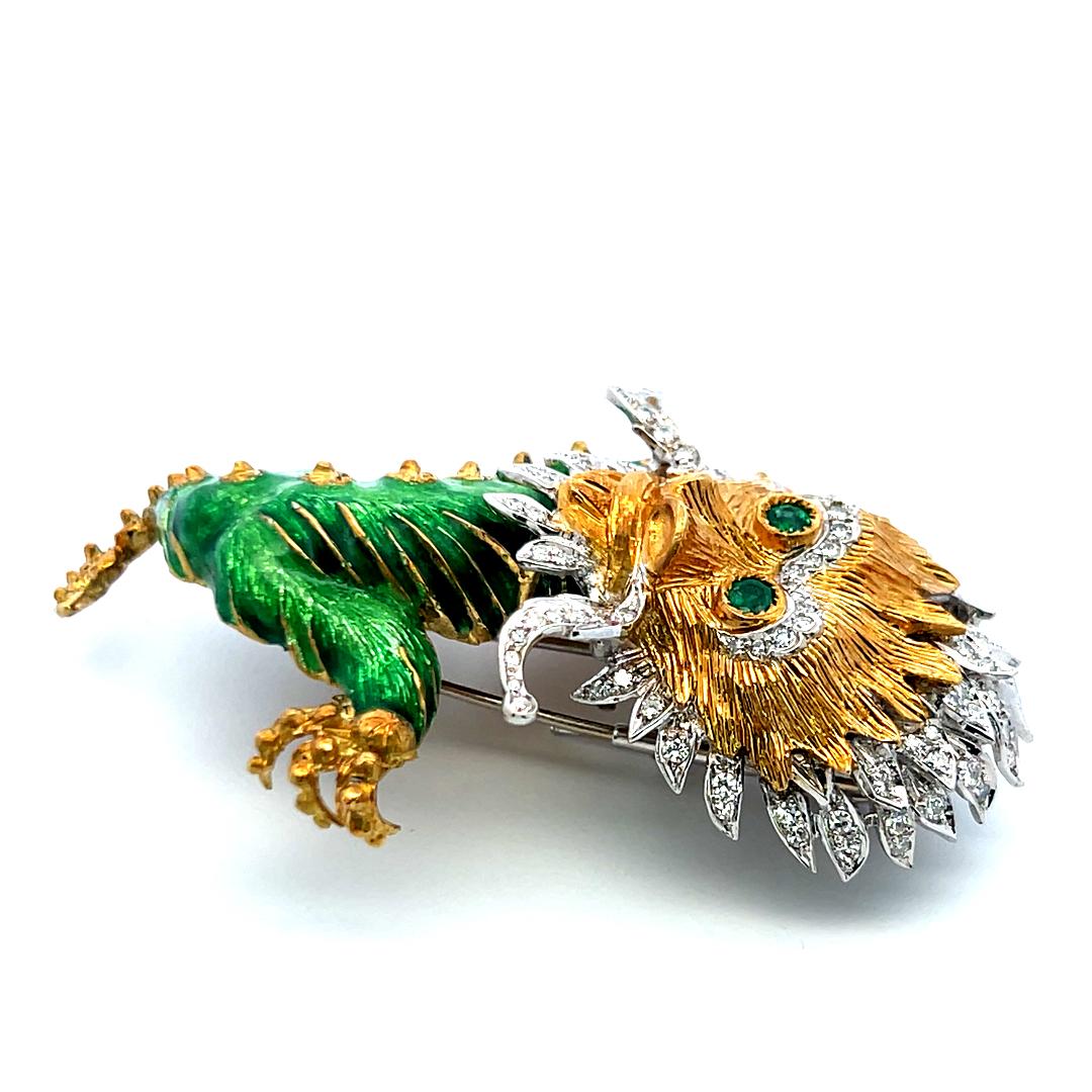 18K Two-Tone Gold Dragon Brooch with Diamonds and Emerald Eyes Vintage