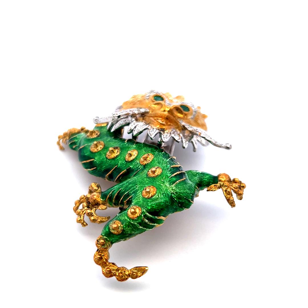 18K Two-Tone Gold Dragon Brooch with Diamonds and Emerald Eyes Vintage