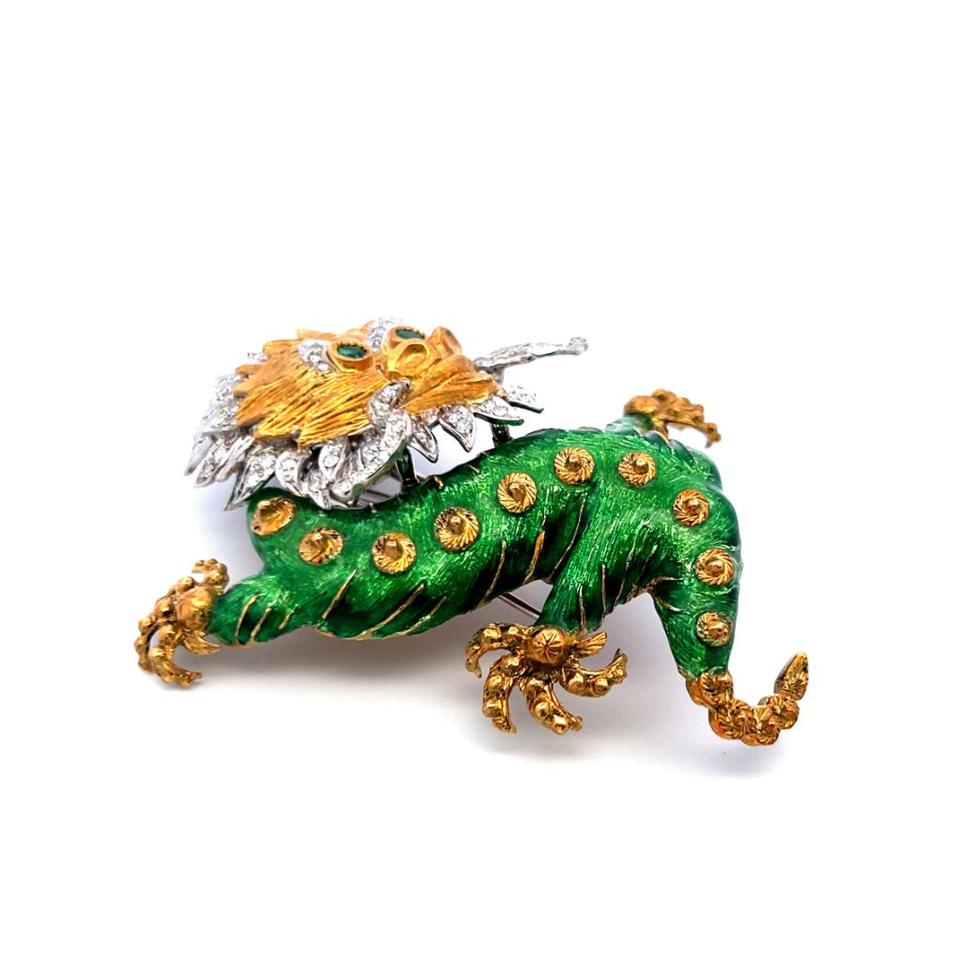 18K Two-Tone Gold Dragon Brooch with Diamonds and Emerald Eyes Vintage