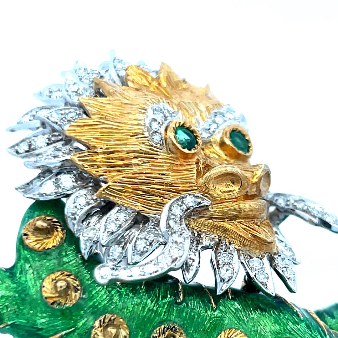 18K Two-Tone Gold Dragon Brooch with Diamonds and Emerald Eyes Vintage