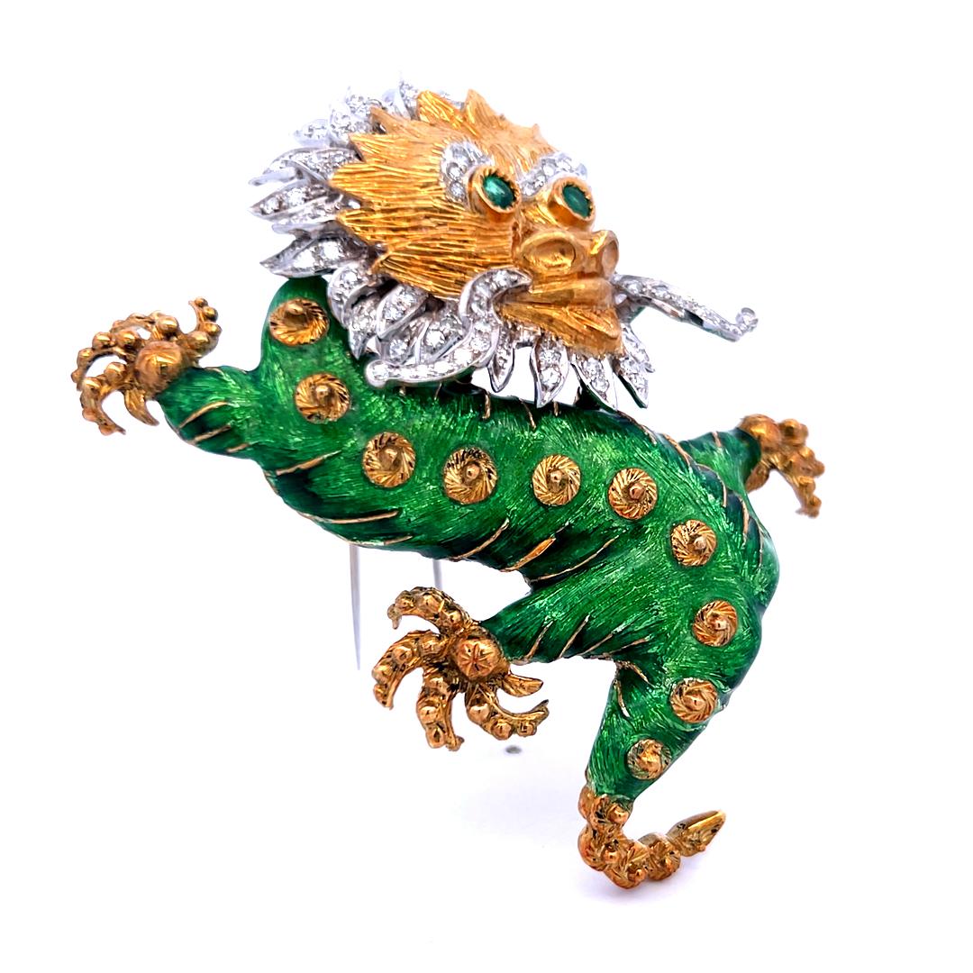 18K Two-Tone Gold Dragon Brooch with Diamonds and Emerald Eyes Vintage
